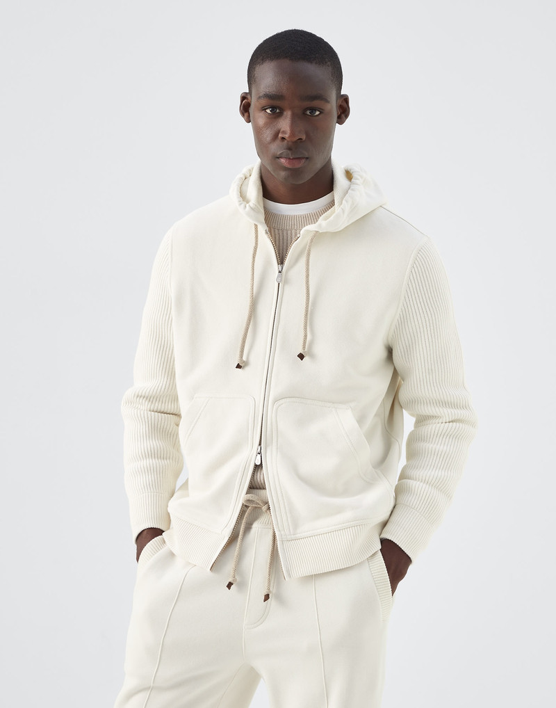 Brushed cotton French terry hooded sweatshirt with zip and English rib knit sleeves - 1