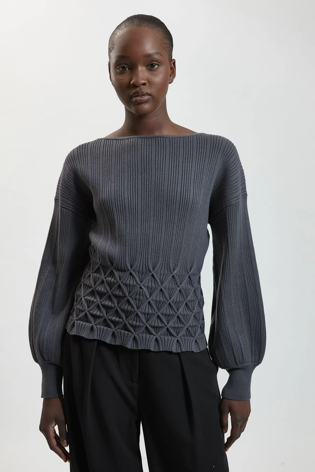 Ribbed Knit Long Sleeve Top With Manipulated Stitch Detail - 1
