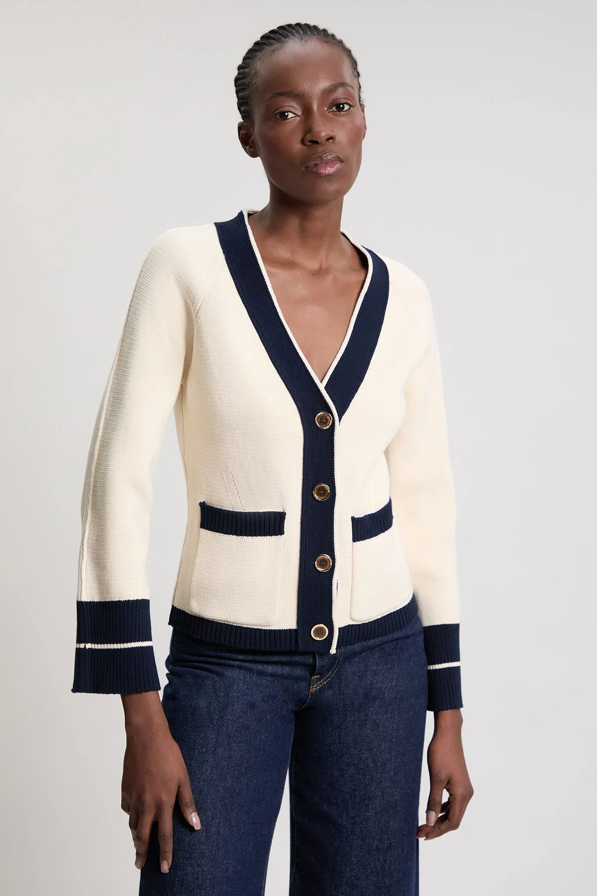 Knit Cotton Contrast Tipped Cardigan - 1