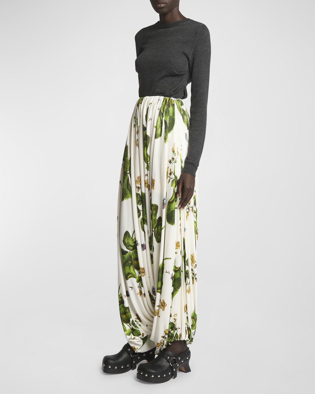 Leaf-Print Draped Wide-Leg Trousers - 3