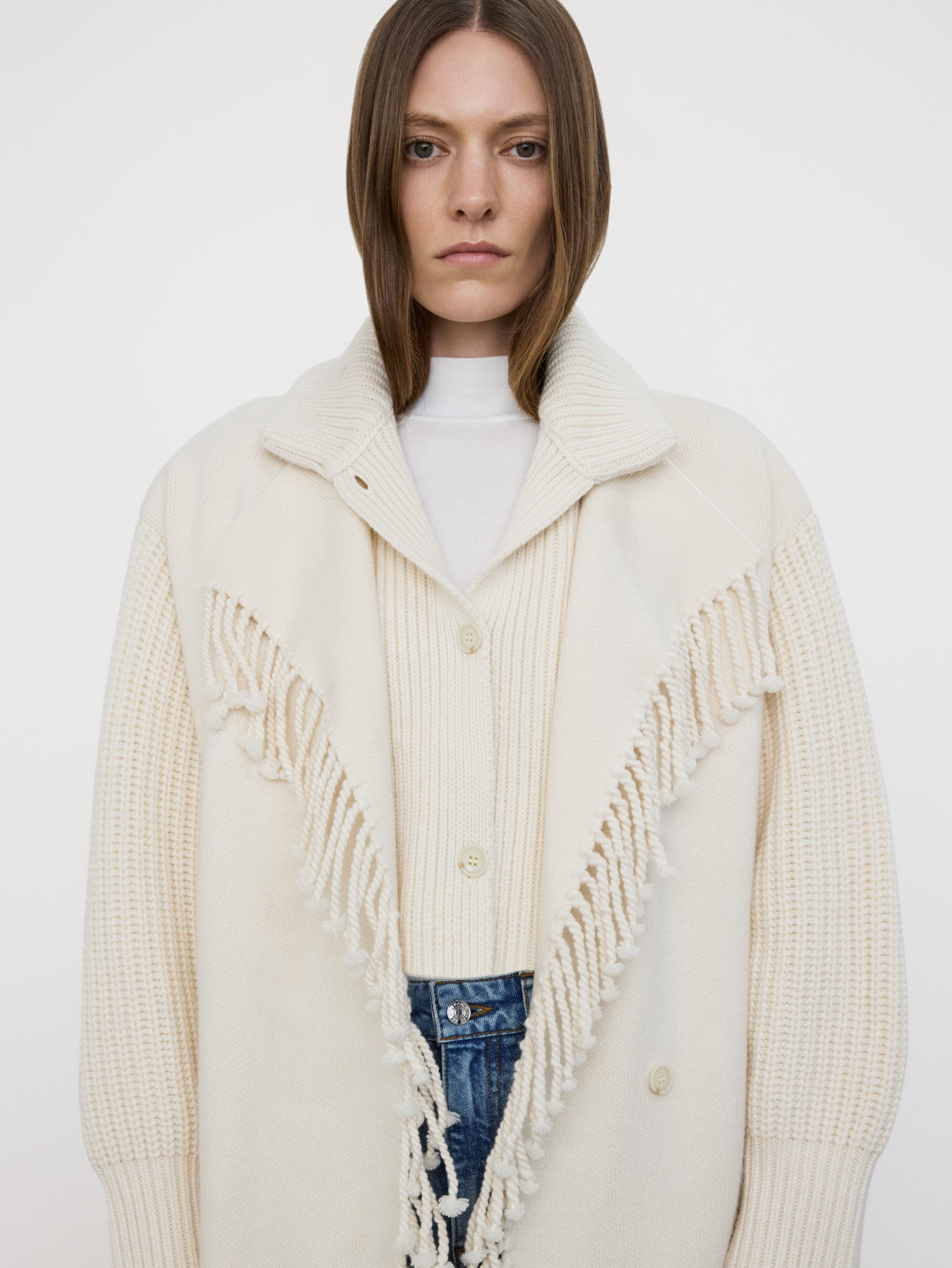 Jacquard Fringe Coat in Stone - 5