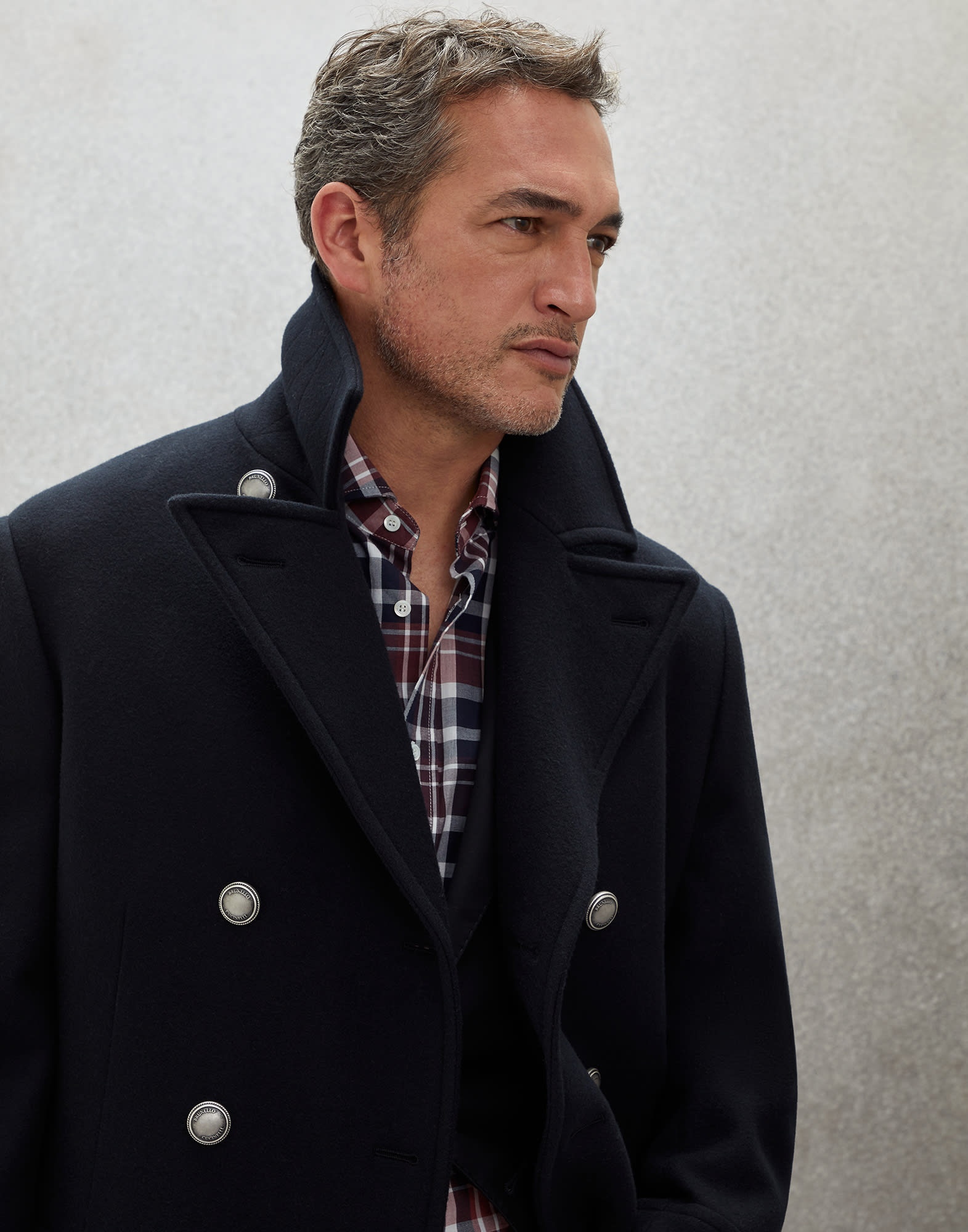 Virgin wool and cashmere double cloth one-and-a-half breasted coat with metal buttons - 3