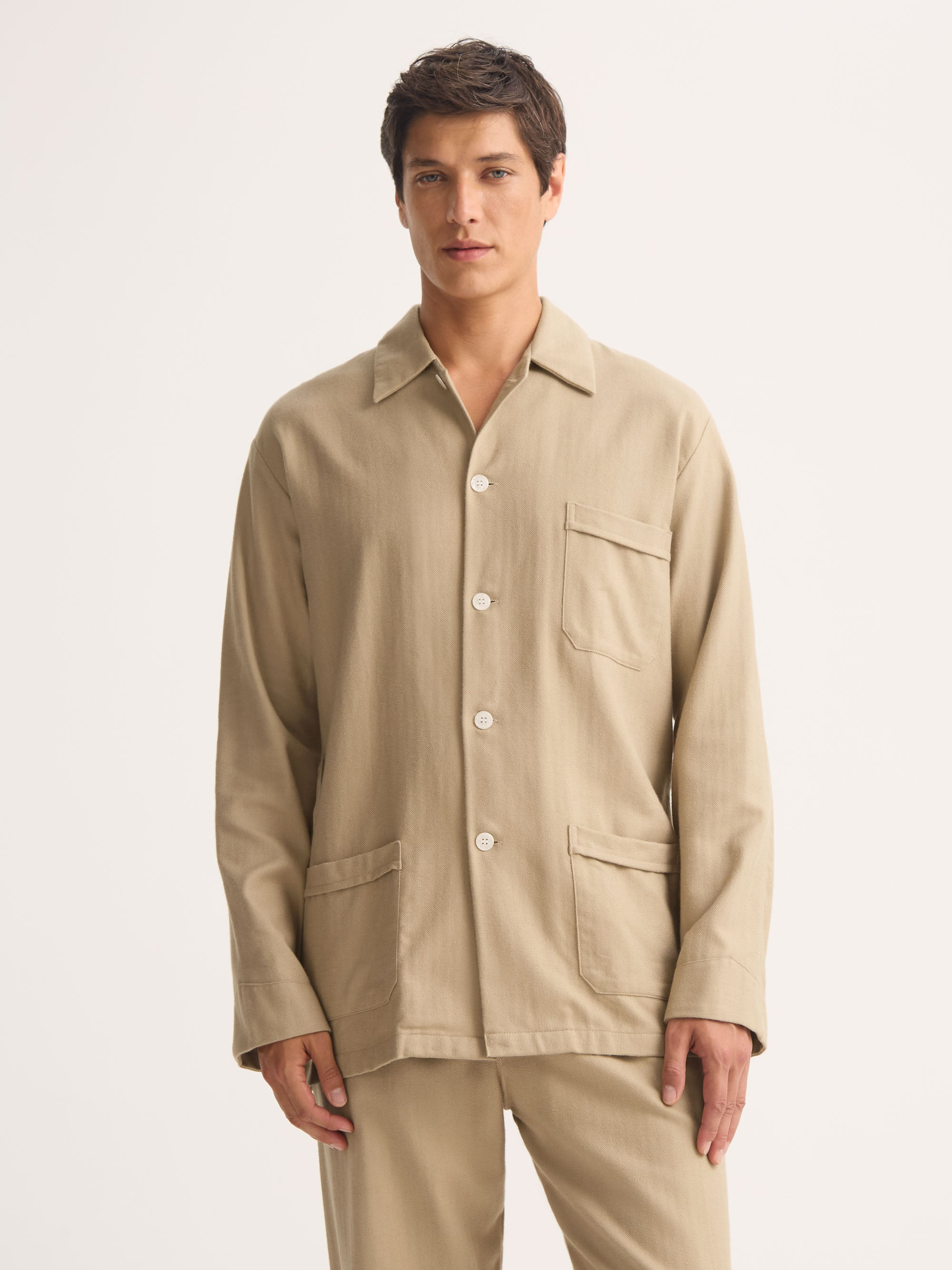 Men's Classic Fit Pajamas Kelburn Brushed Cotton Light Stone Herringbone - 4