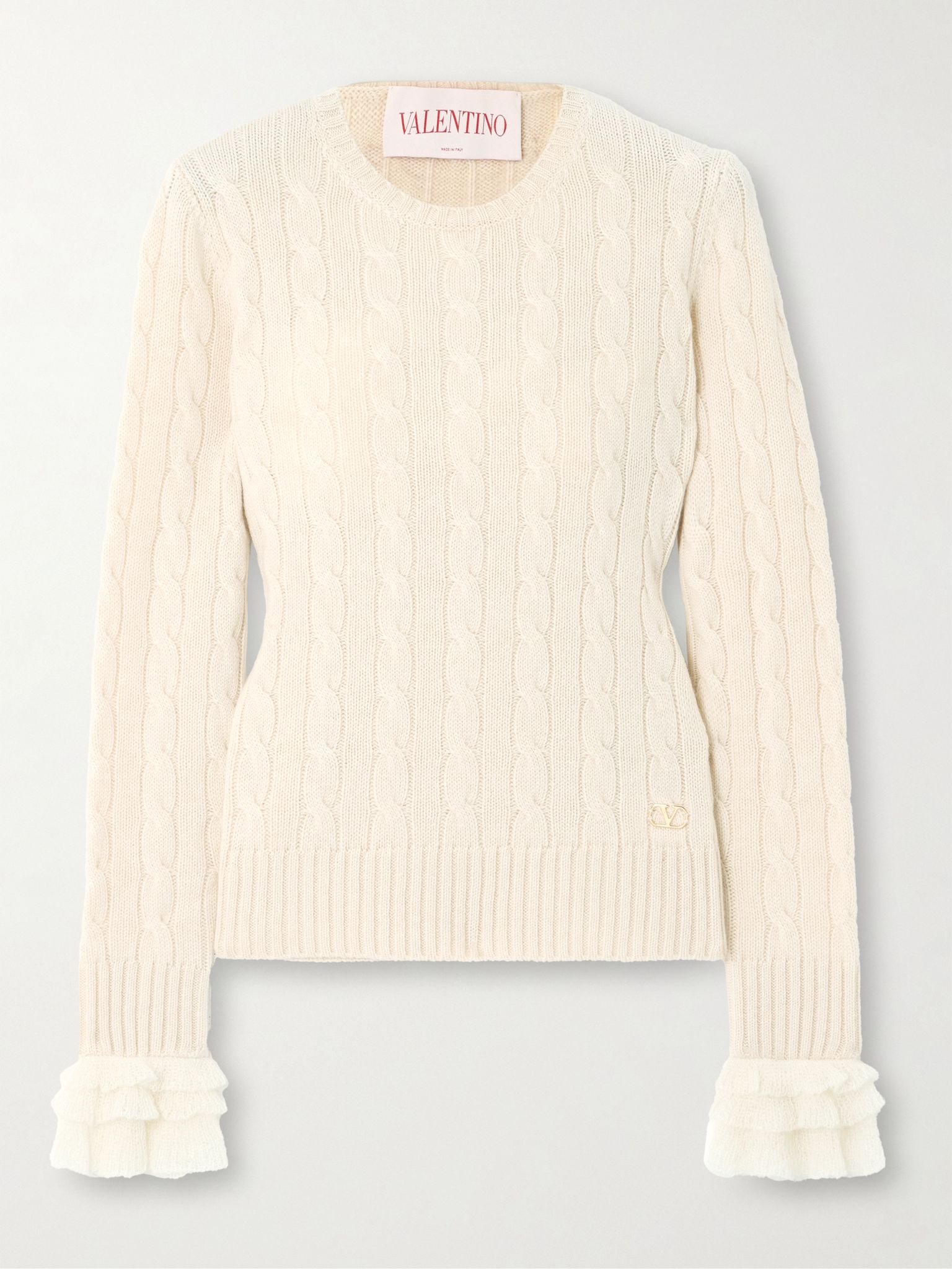 Ruffle-trimmed embellished cable-knit cashmere sweater Ivory - 1