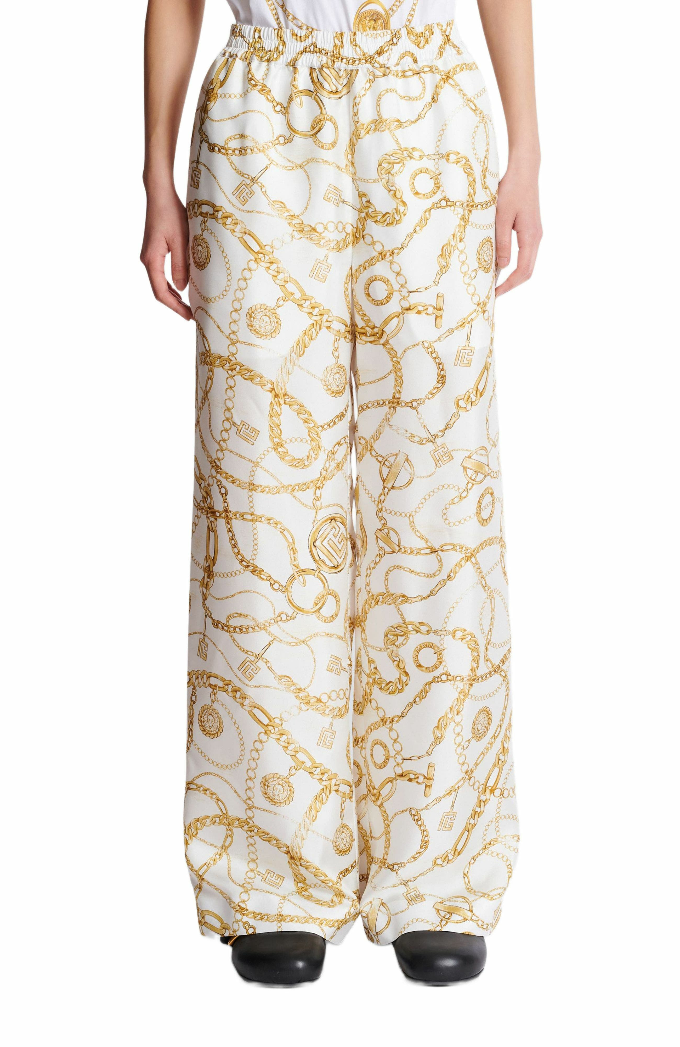 Flowing printed silk trousers with Balmain Chains pattern in Gold at Nordstrom - 7