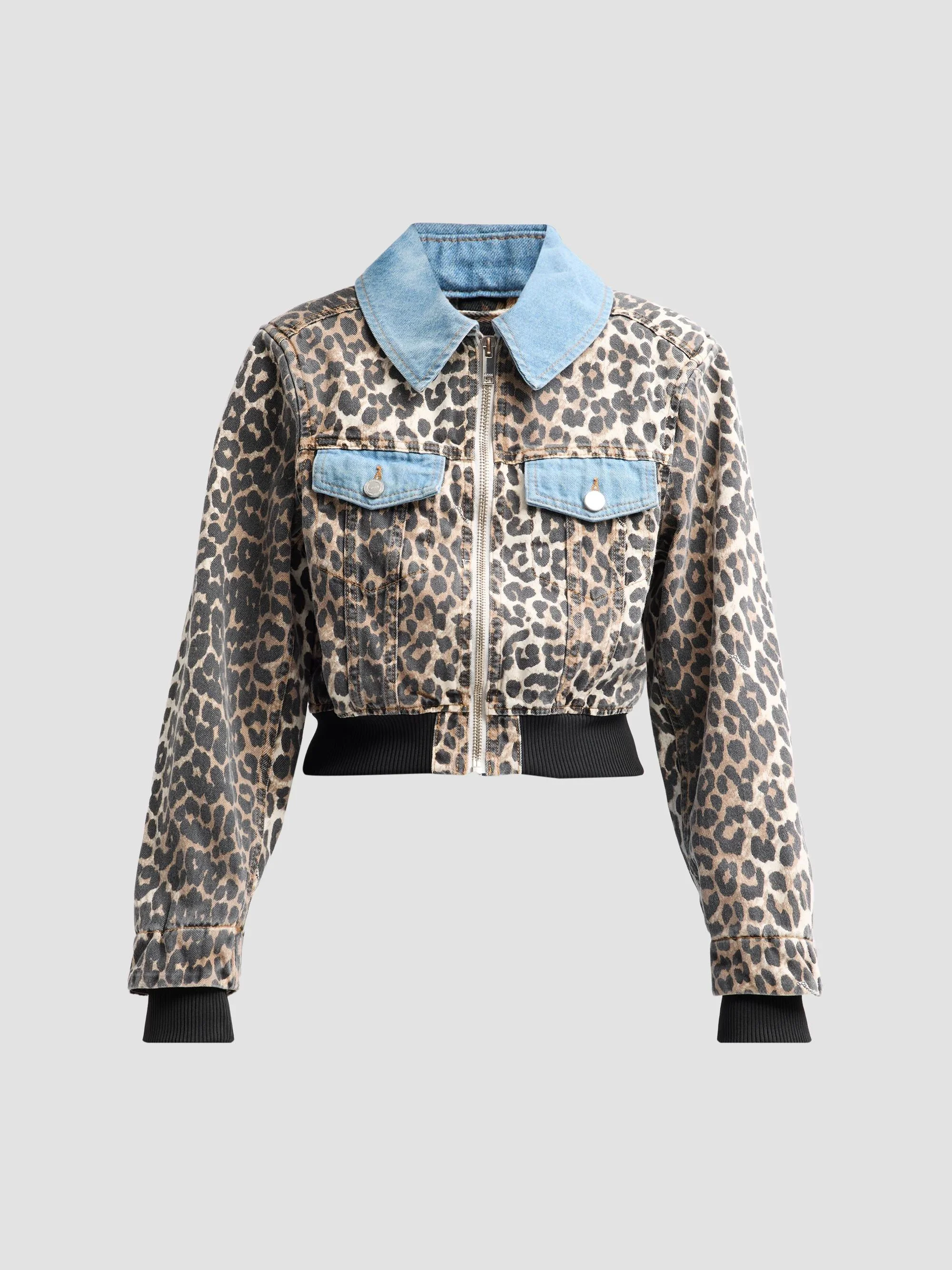 Women's Leopard Print Denim Bomber Jacket - Almond Milk - 1