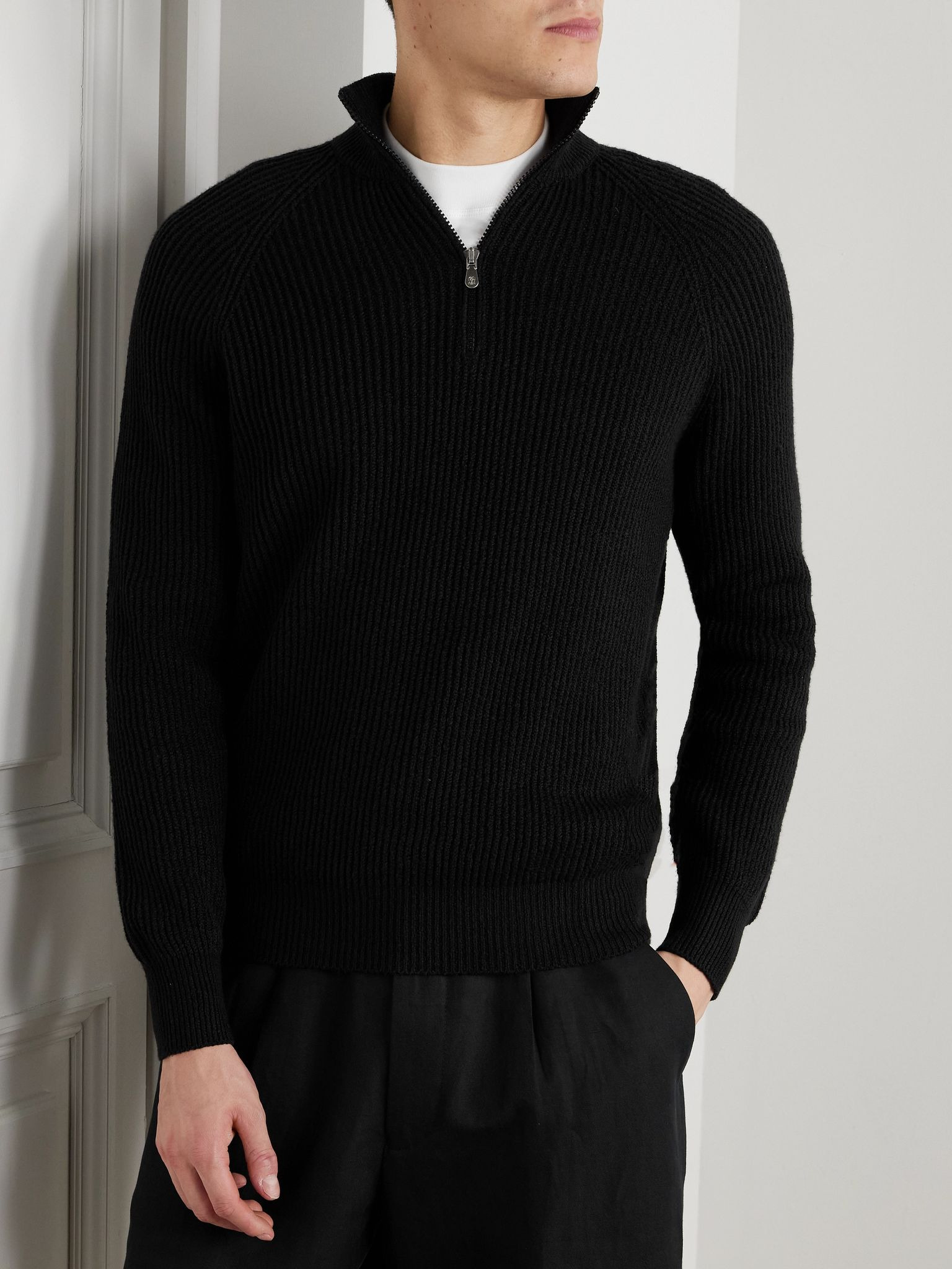 Ribbed Cotton Half-Zip Sweater Black - 3