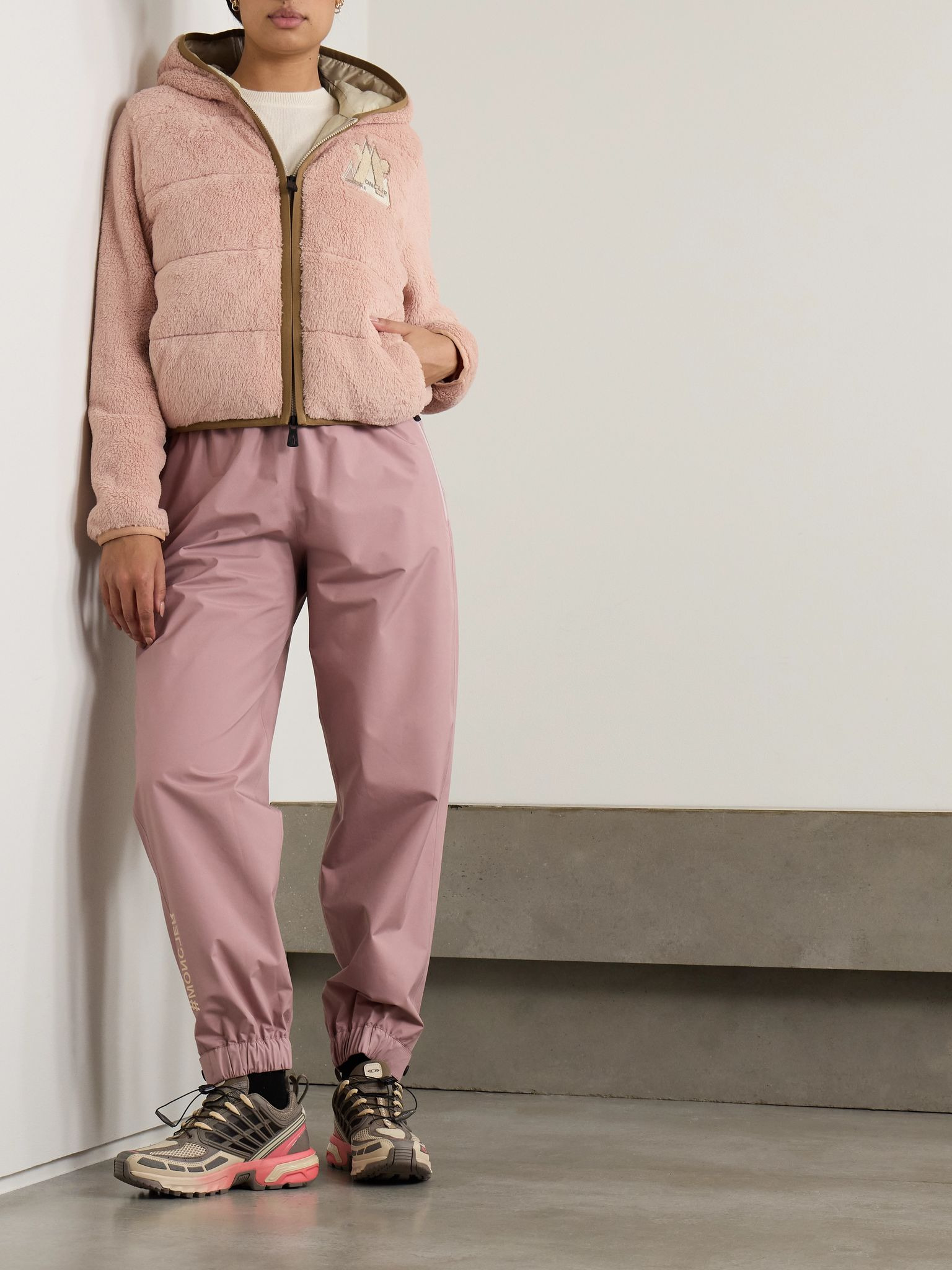 Logo-embroidered twill-trimmed quilted fleece down jacket Baby pink - 2