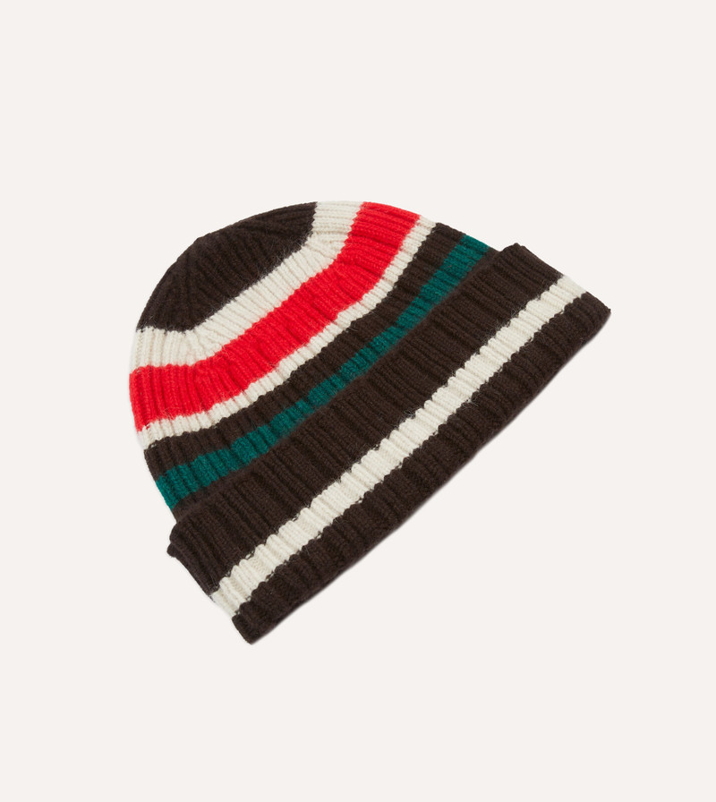 Brown, Ecru and Red Multi Stripe Geelongora Ribbed Knit Cap 4