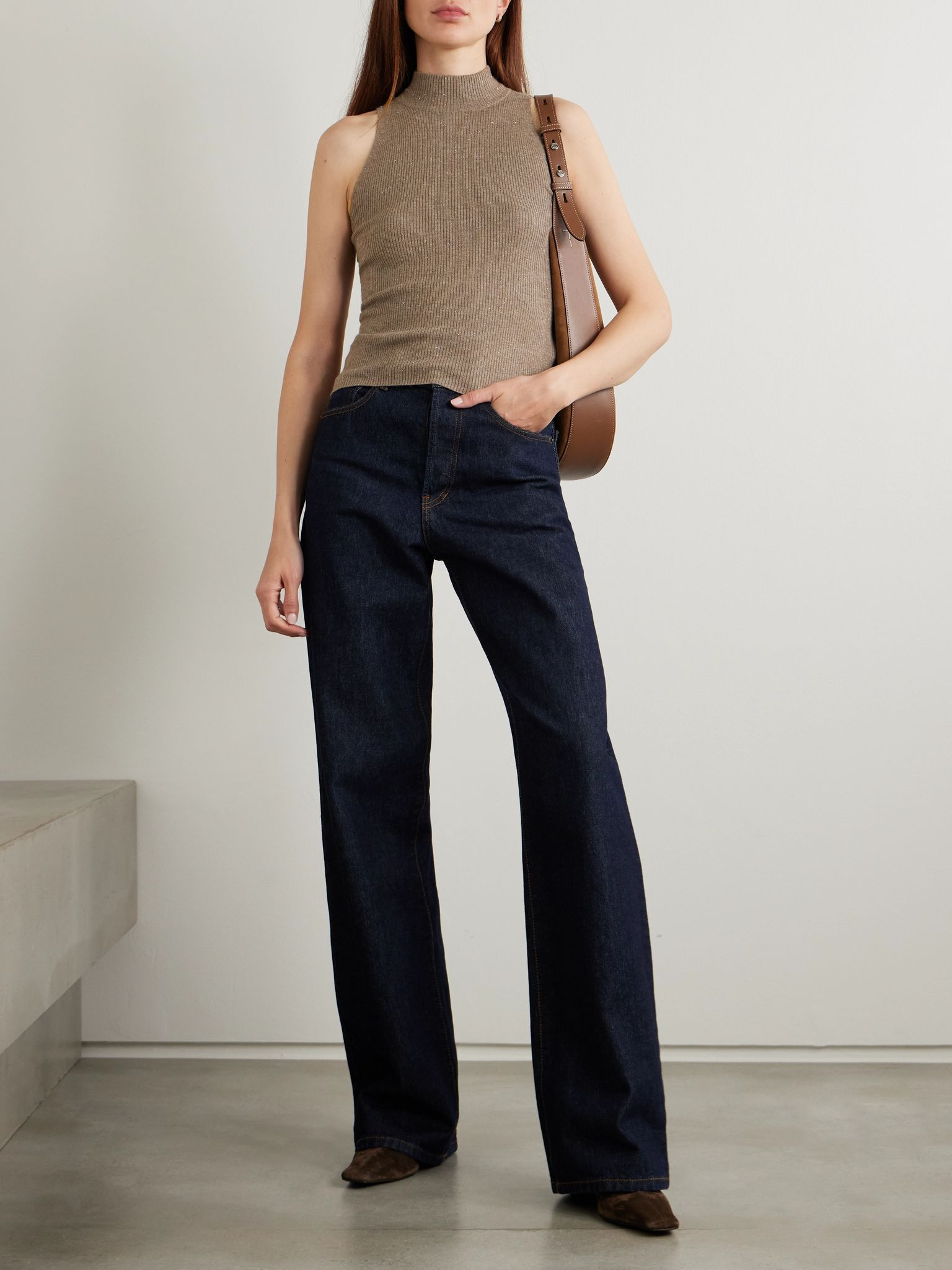 Metallic ribbed-knit turtleneck tank Brown - 2
