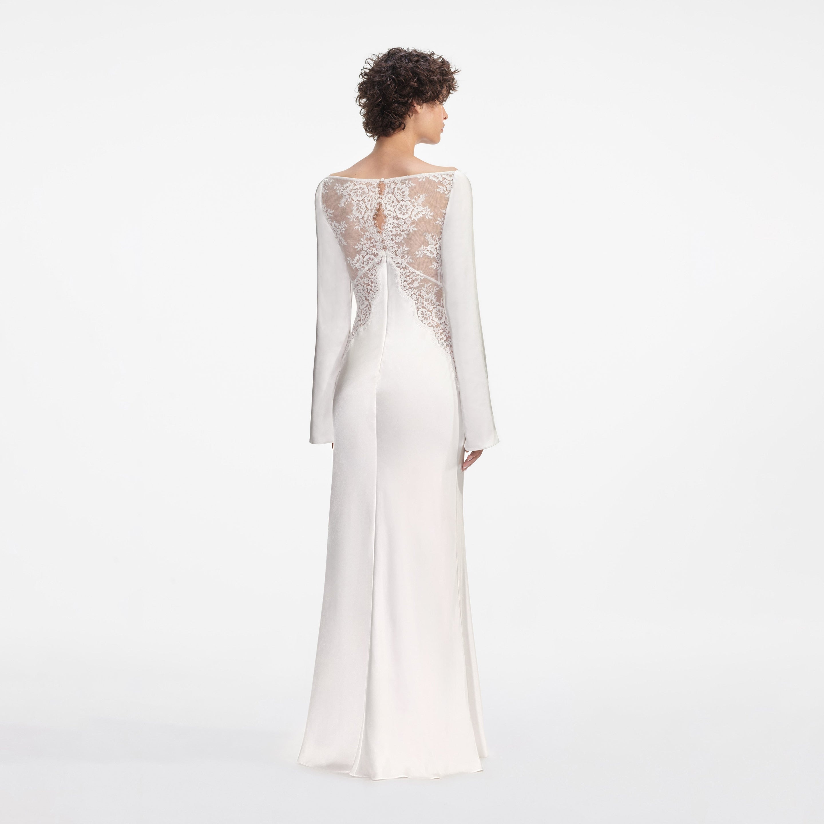 White Lace Satin Long Sleeve Maxi Dress - 3