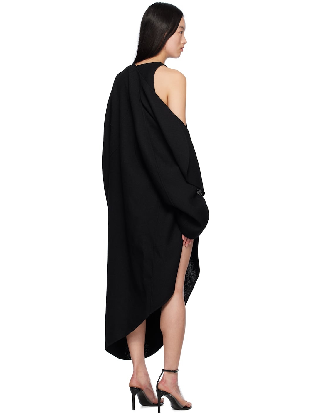 Black Wool Gazar Wrap Coat - 3
