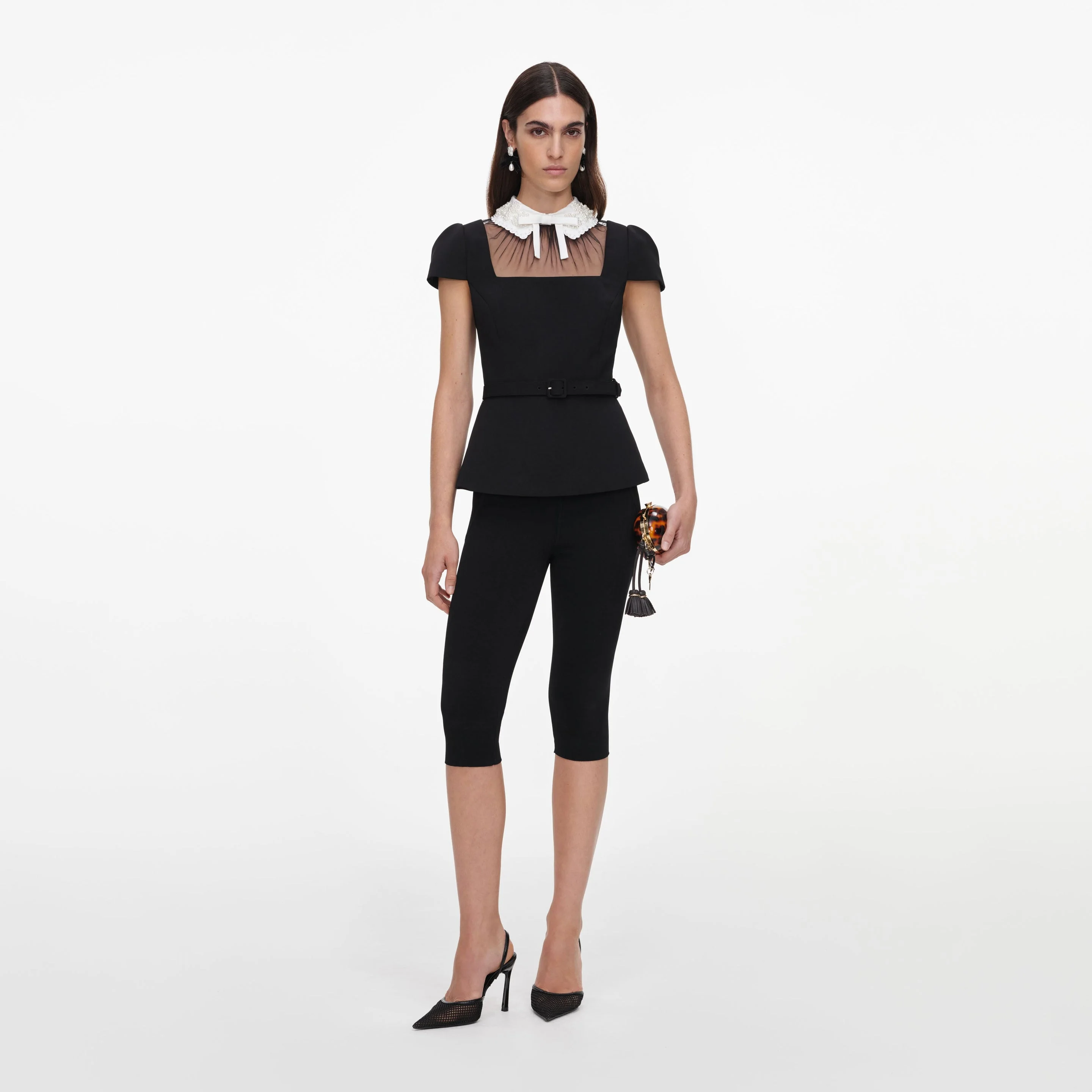Black Crepe Bow Collar Top - 1