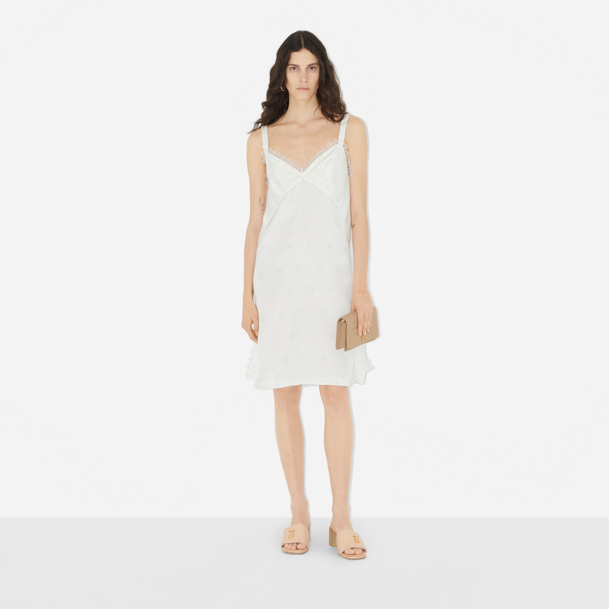 Lace Trim Polka Dot Satin Slip Dress - 2