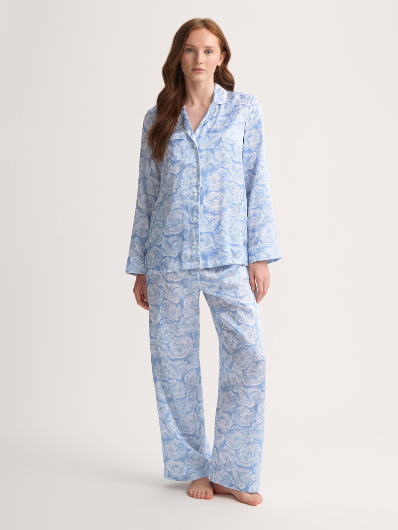 Derek Rose Women's Silk Pajamas Light Blue & White Rose Print outlook