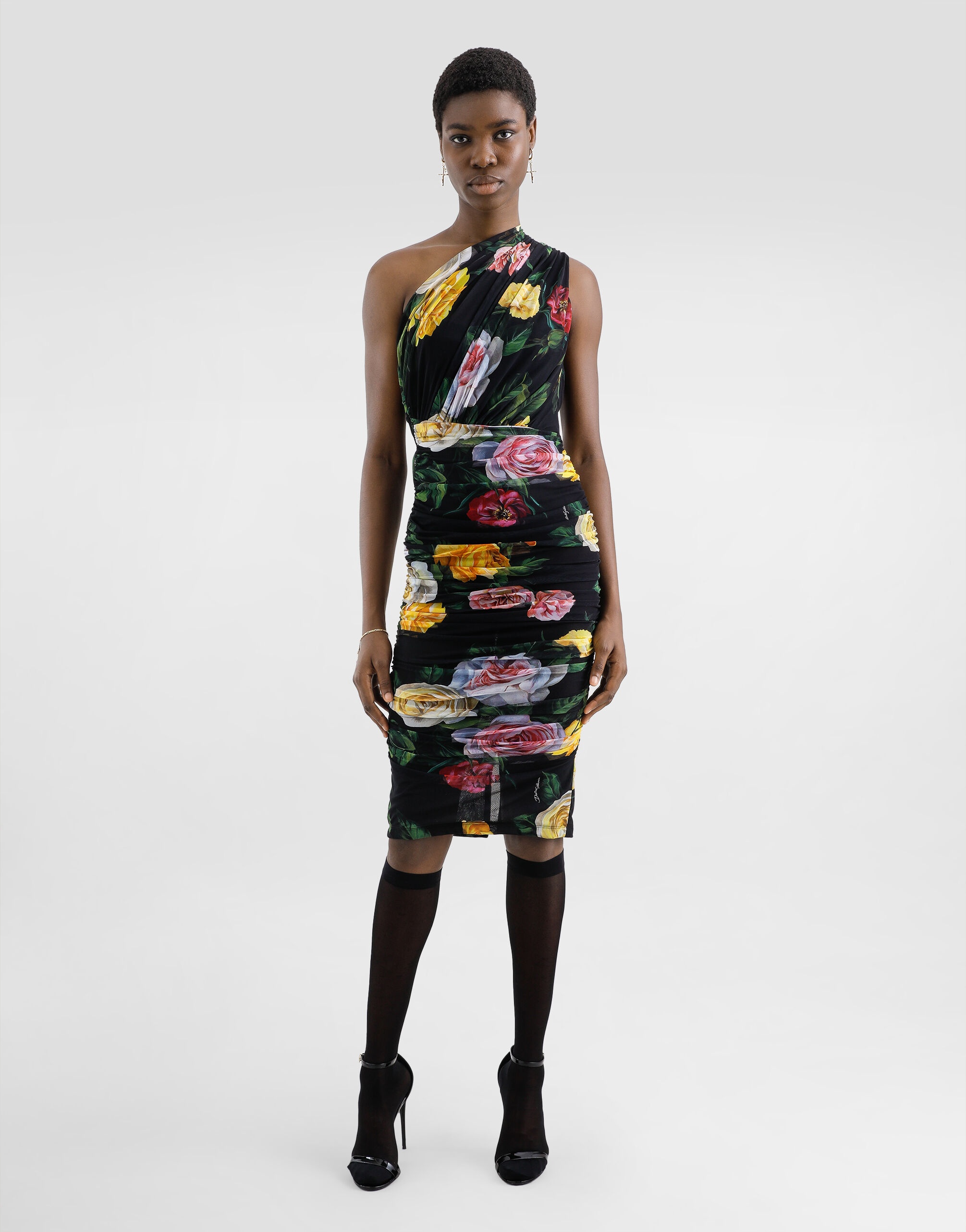 Tulle one-shoulder calf-length dress with peony and rose print - 2