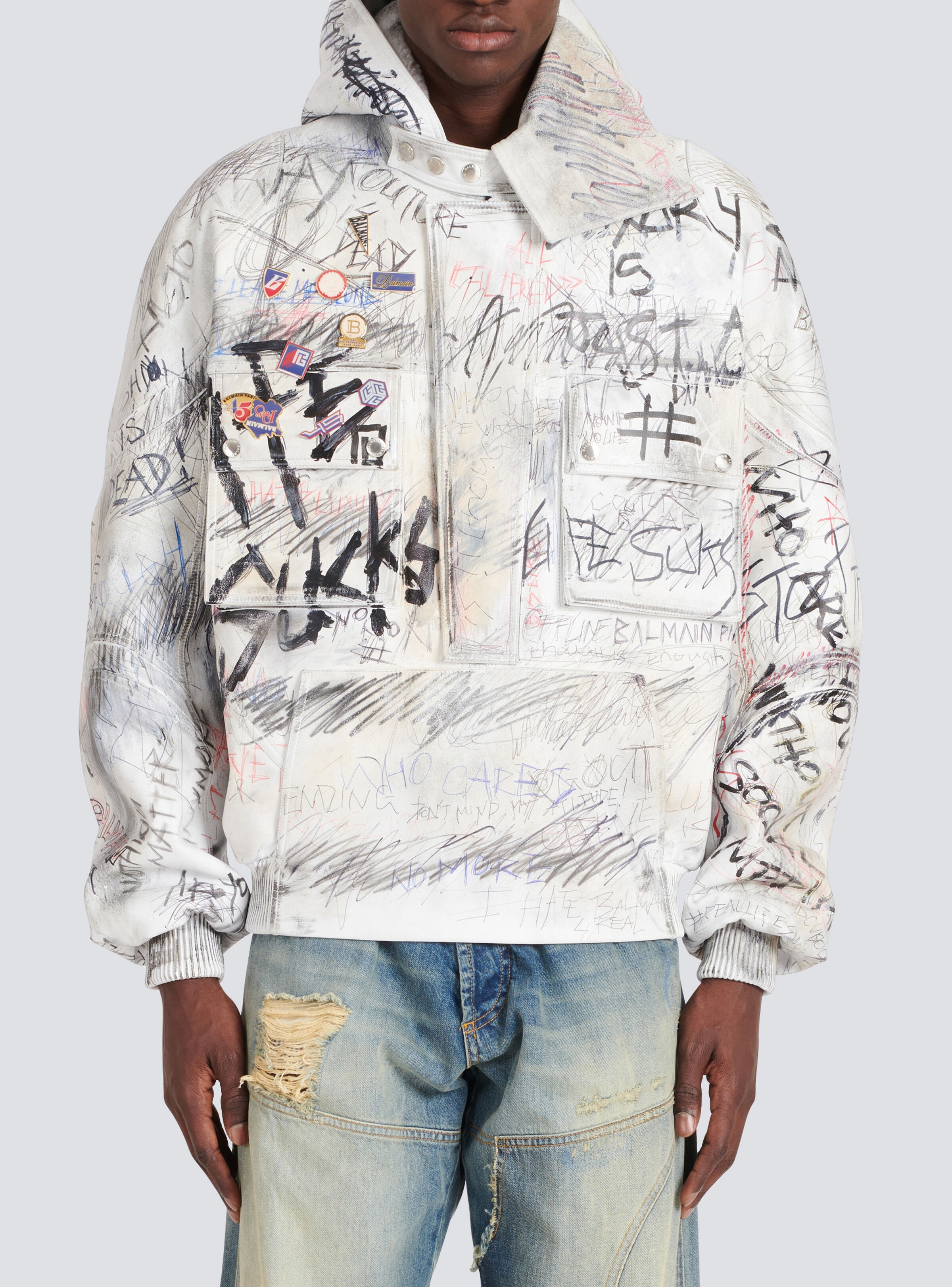 Leather graffiti aviator jacket - 7