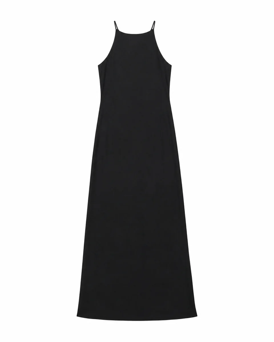 LONG BLACK SATIN DRESS WITH A CROSSOVER BACK - 1