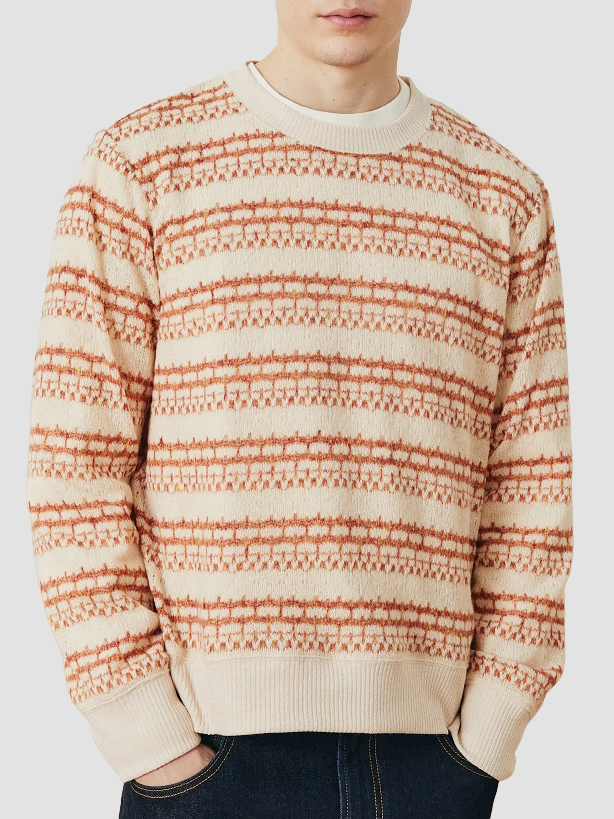 Men's Striped Pointelle-Knit Crewneck Sweater - Natural - 1