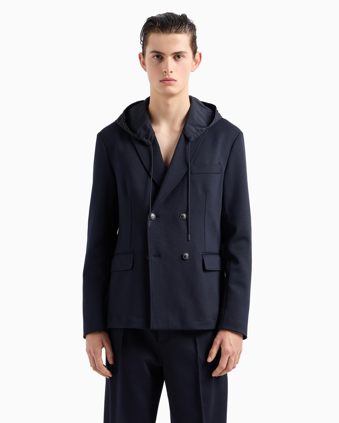 Double-breasted blazer in a soft wool-blend cloth with a nylon hood - 2