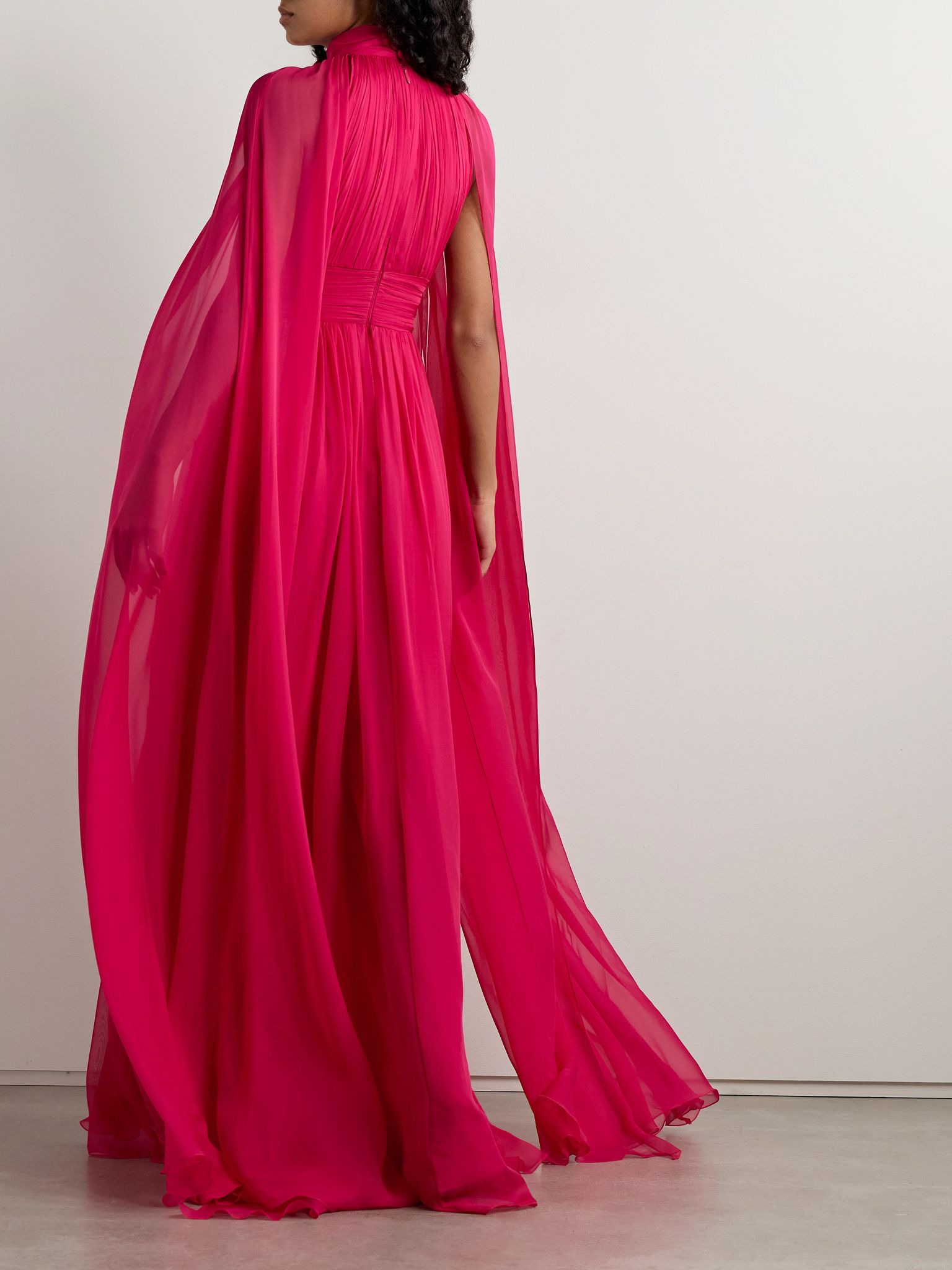Cape-effect gathered silk-chiffon gown Red - 3