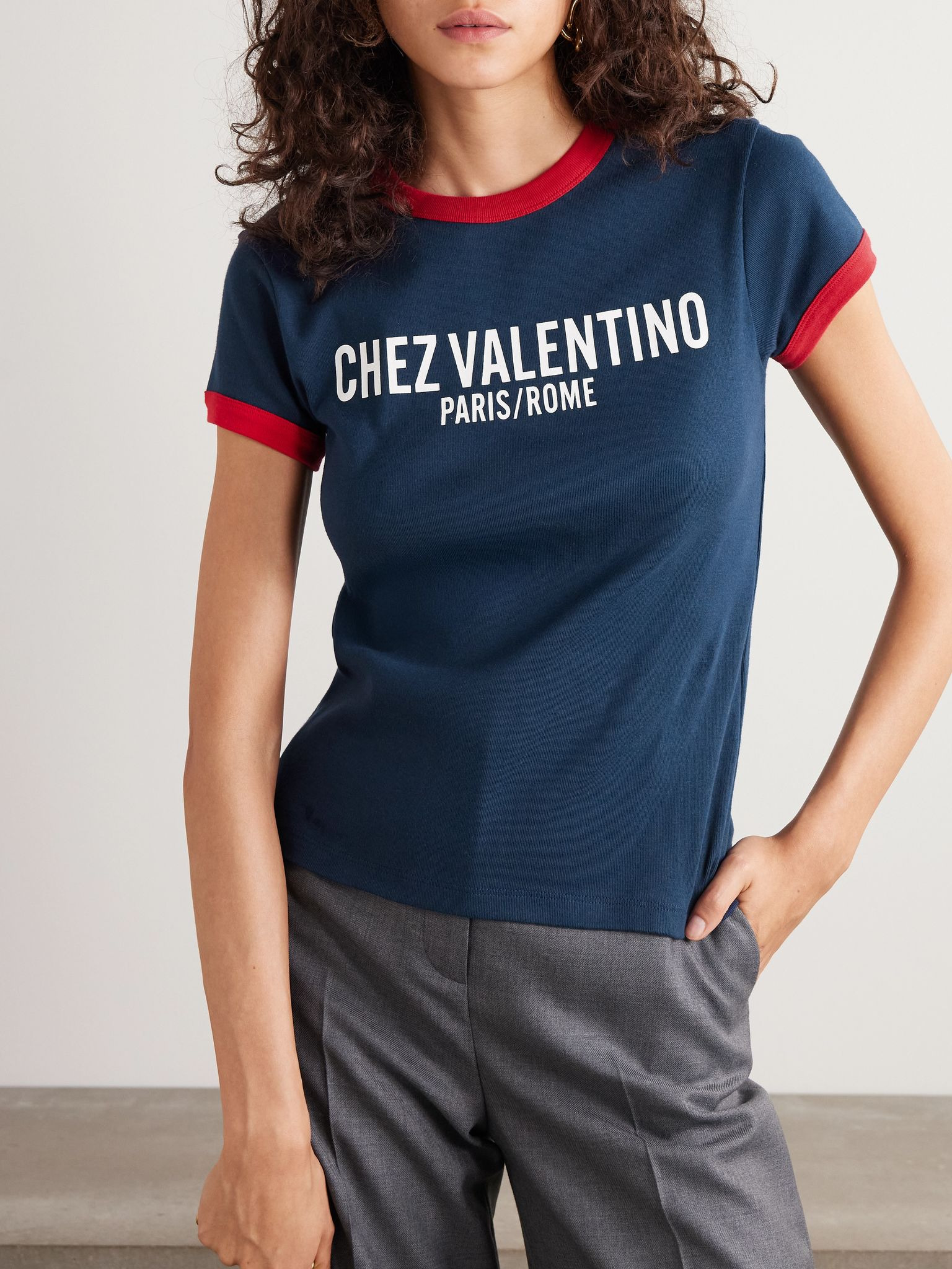 Chez Valentino printed cotton-jersey T-shirt Navy - 3