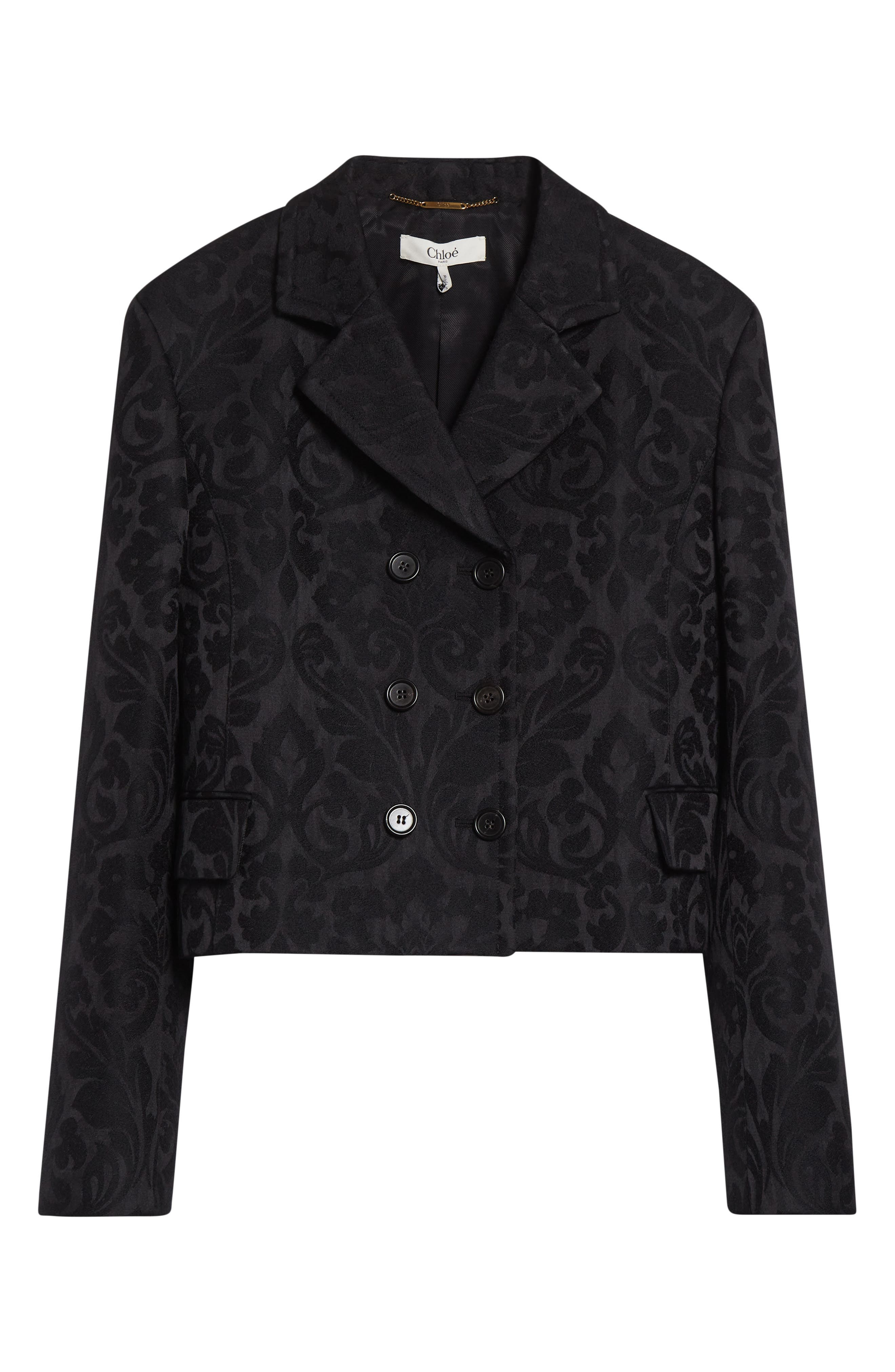 Chloé Double Breasted Floral Jacquard Wool Blend Crop Jacket in Black at Nordstrom - 7