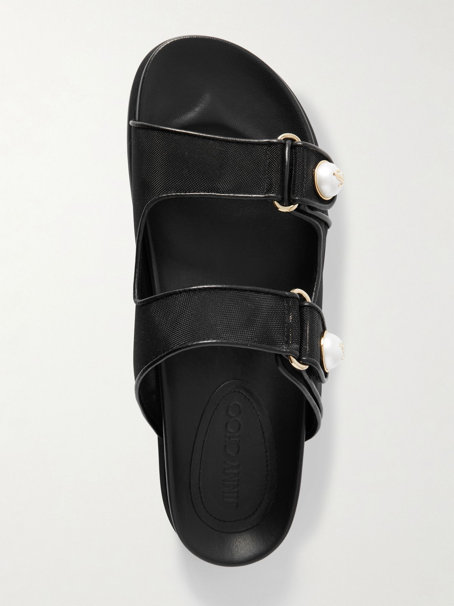 Fayence leather-trimmed faux pearl-embellished mesh slides Black - 5