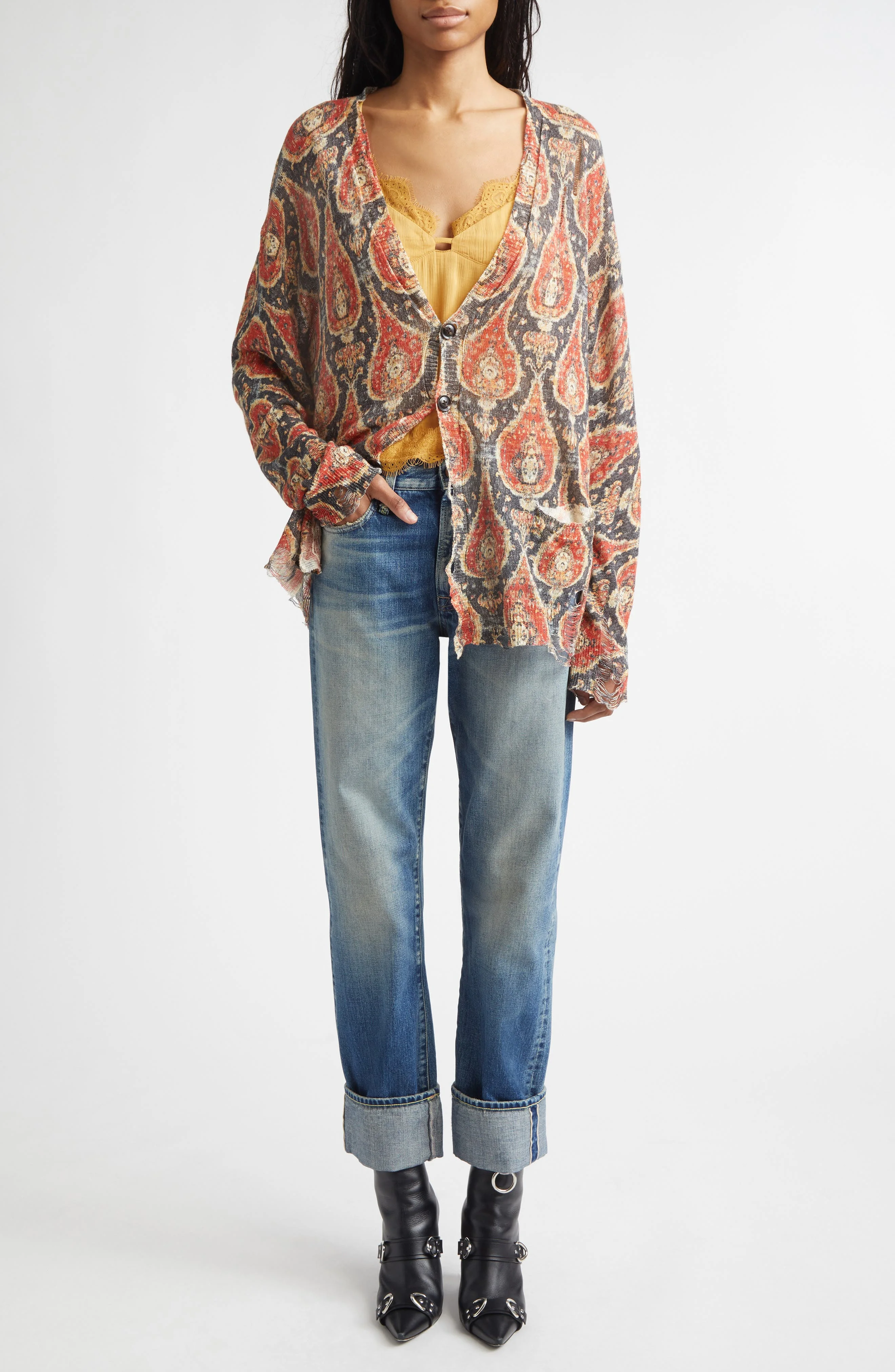 R13 Cuffed Boyfriend Jeans in Abyss Selvedge Blue at Nordstrom - 1