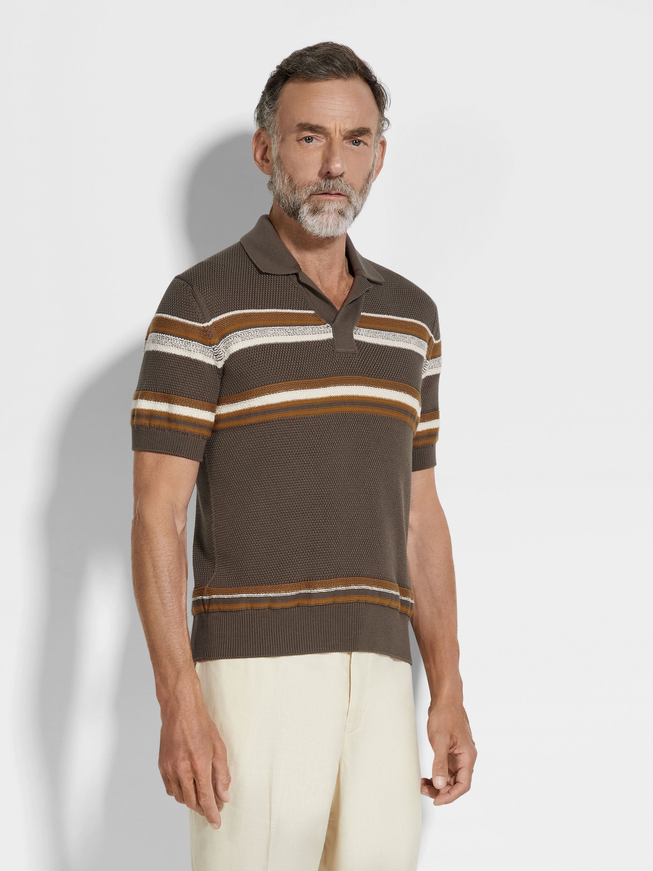 DARK TAUPE OCHRE AND WHITE COTTON AND SILK POLO SHIRT - 4