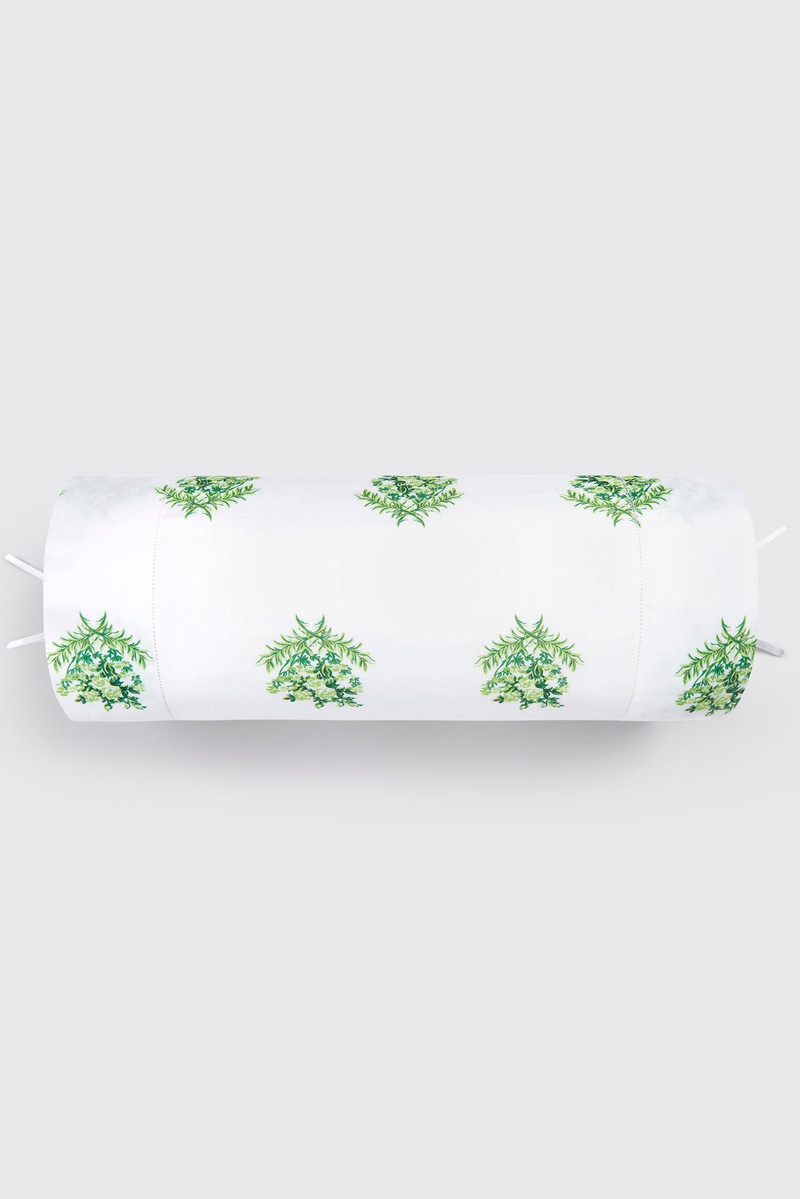 Amalia Bolster Cover in Green Floral Print on White Linen 1