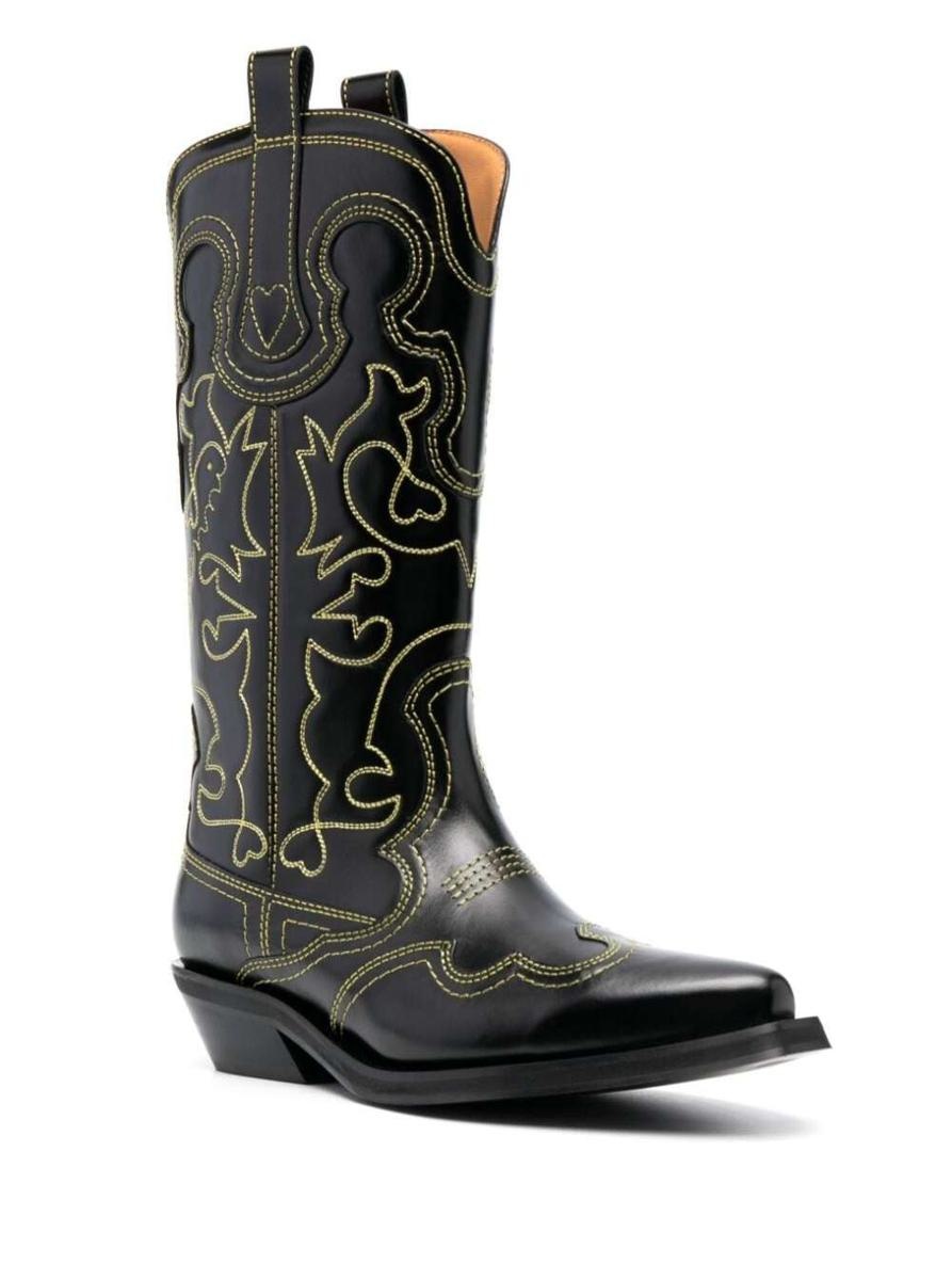 GANNI BLACK 'COWBOY' BOOTS WITH CONTRASTING EMBROIDERED STITCHING IN LEATHER WOMAN - 2