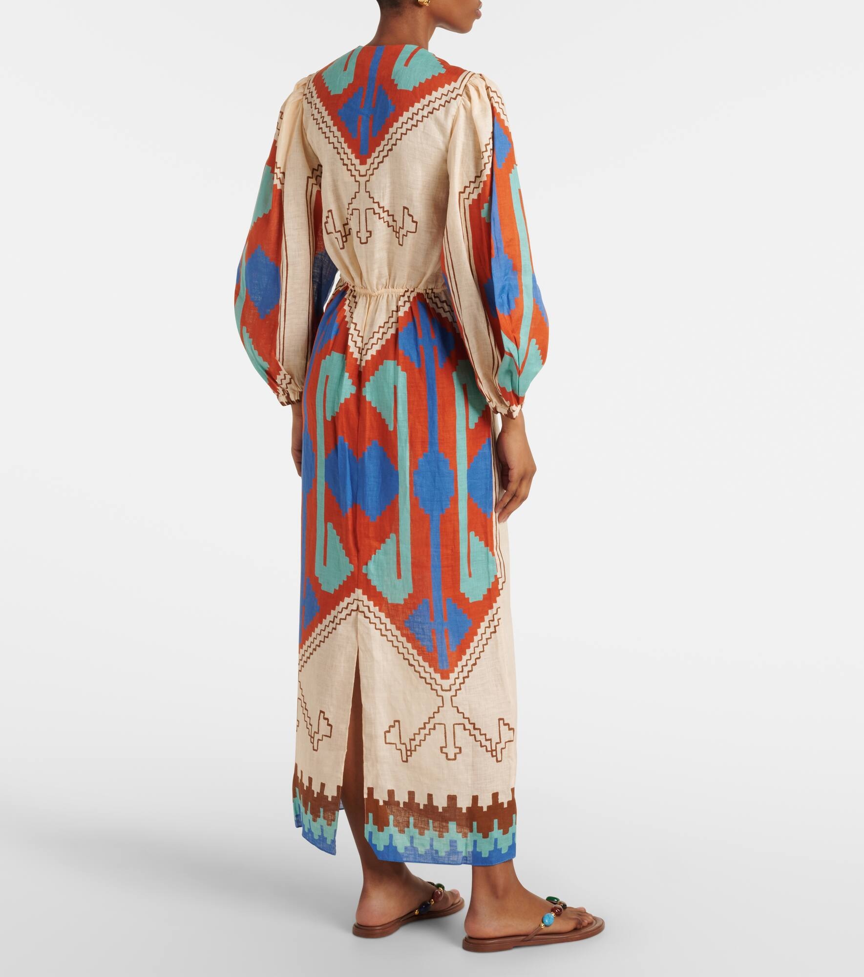 Printed tie-detail linen midi dress - 3