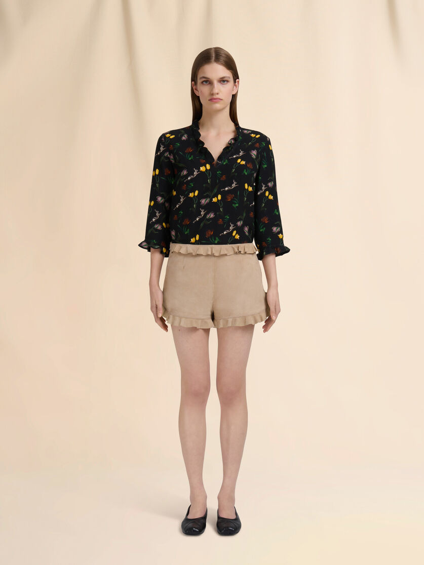 BEIGE SUEDE SHORTS WITH RUFFLE - 2