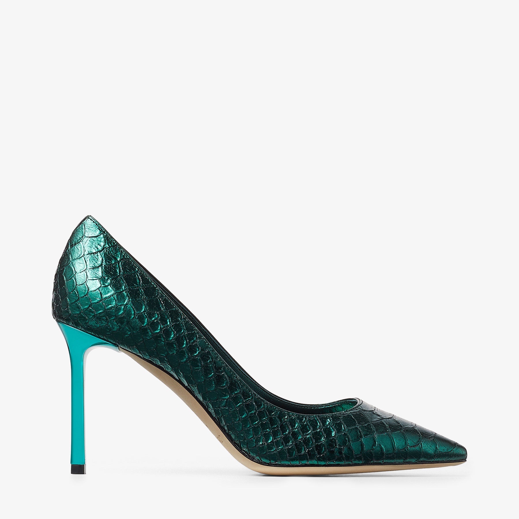 Romy 85
Dark Green Metallic Snake Printed Leather Pumps - 1