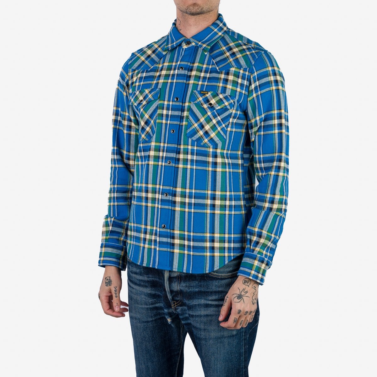 IHSH-370-BLU Ultra Heavy Flannel Tartan Check Western Shirt - Blue - 2