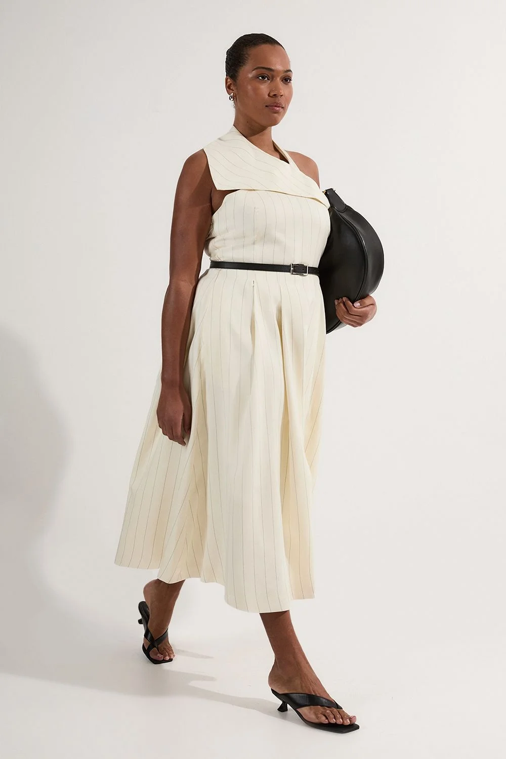 Plus Size Premium Linen Viscose Pinstripe Halter Neck Belted Full Skirted Midi Dress - 1