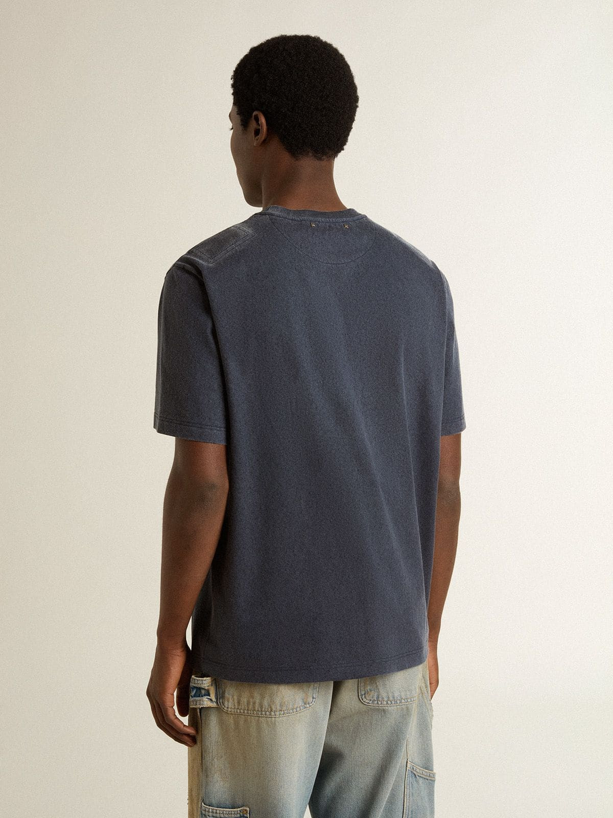 Men's blue T-shirt with white print - 4