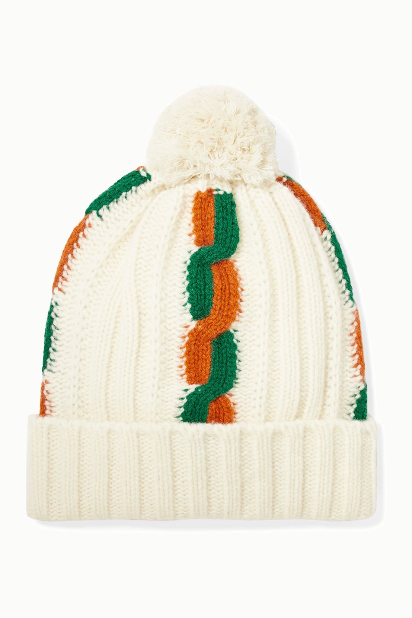 Pompom-embellished striped cable-knit wool beanie - 1