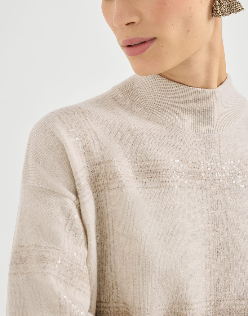 Virgin wool, cashmere and silk knit dress with dazzling macro Prince of Wales embroidery 3