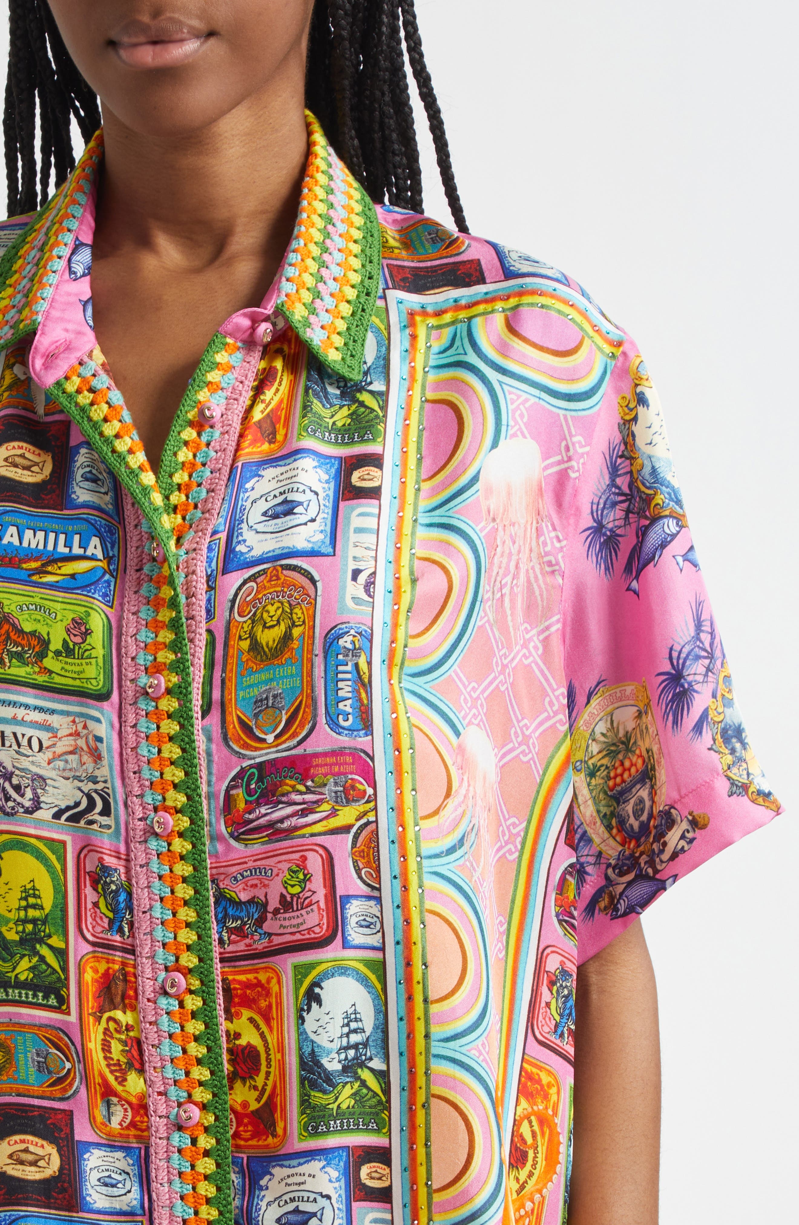 Camilla Salty Splendor Crystal Embellished Silk Shirt in Salty Splendour at Nordstrom - 5