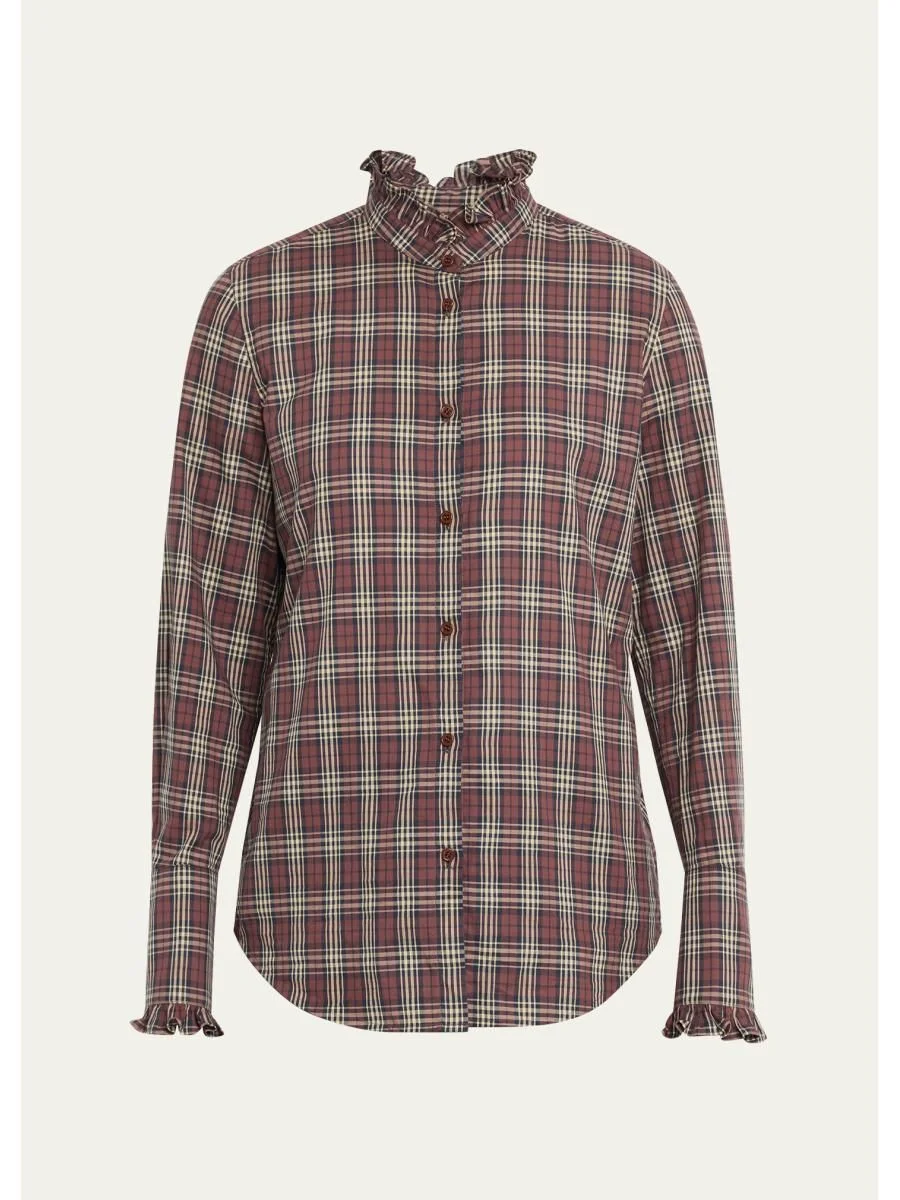 Elio Ruffle-Trim Cotton Plaid Shirt - 1