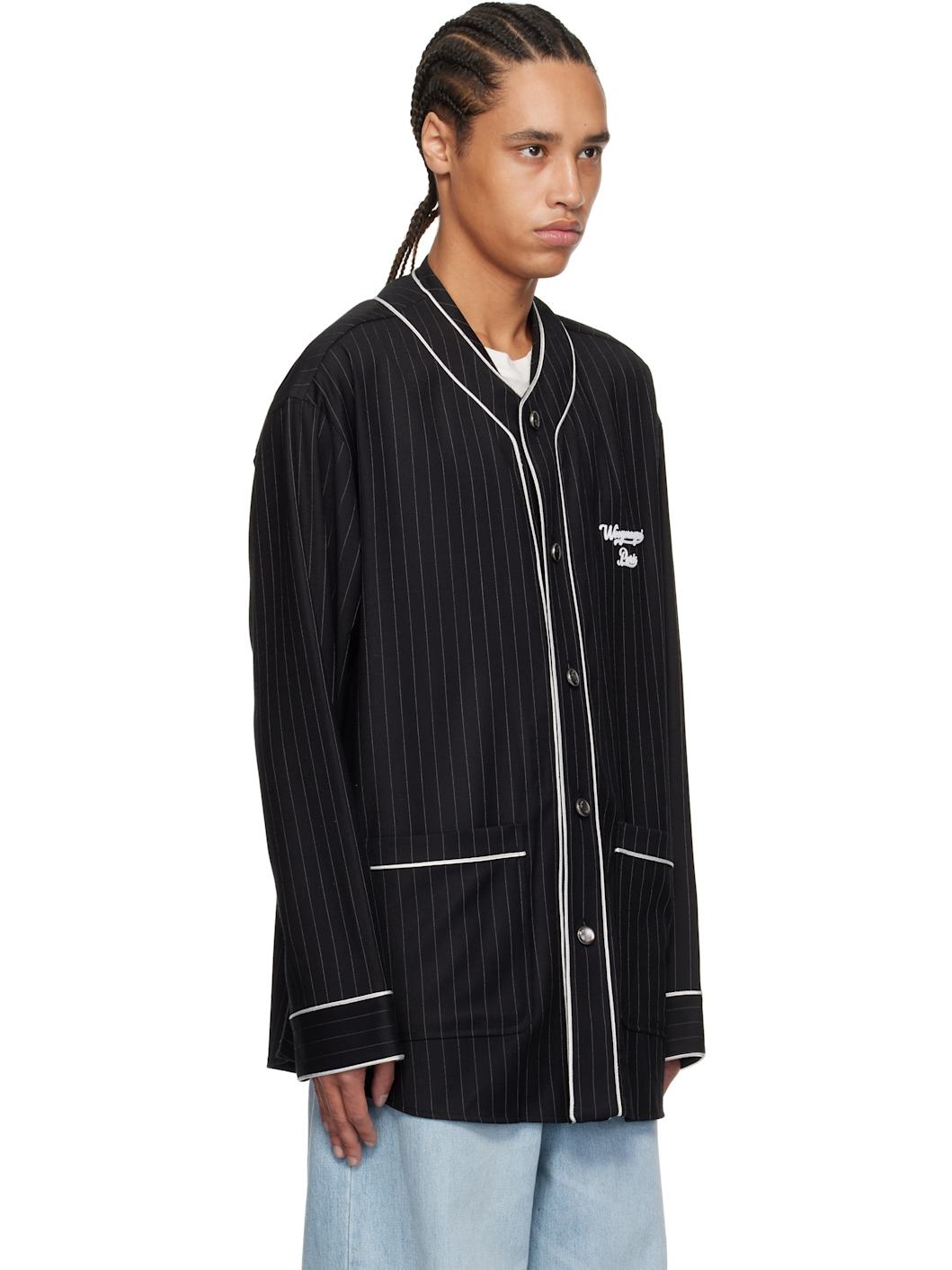 Black Wool Stripe Baseball Shirt - 2