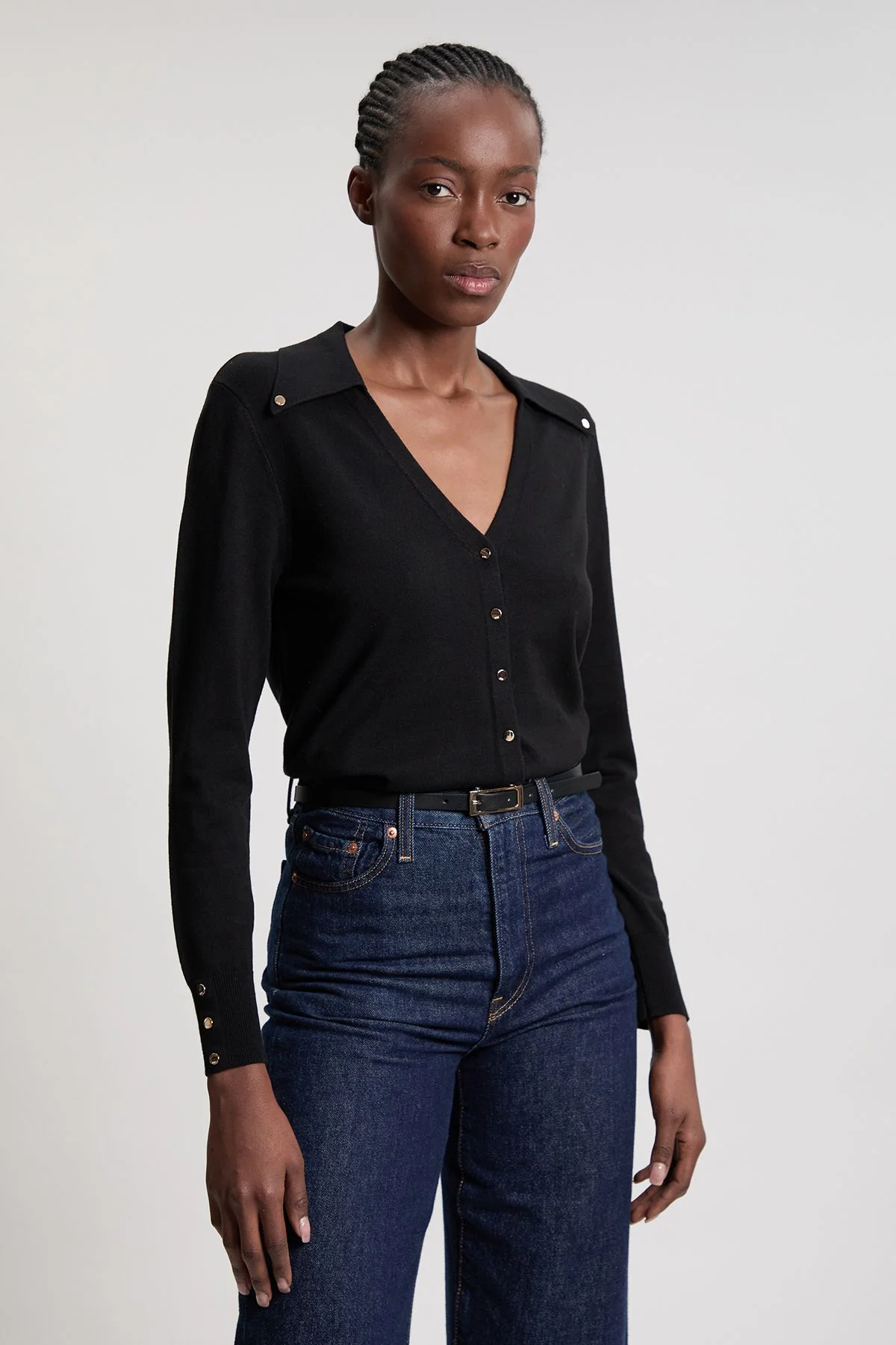 Viscose Blend Popper Detail Knit Collared Cardigan - 1