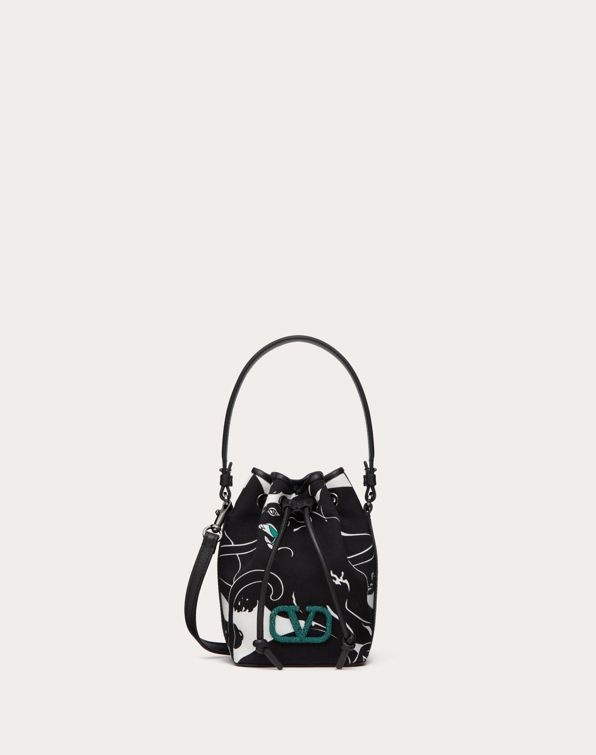 MINI VALENTINO GARAVANI ESCAPE BUCKET BAG IN CANVAS WITH PANTHER PRINT AND JEWEL LOGO - 1