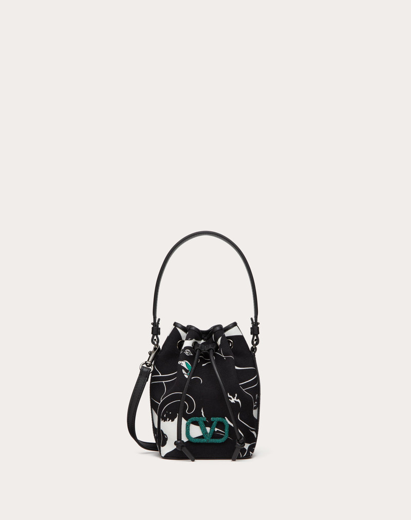 MINI VALENTINO GARAVANI ESCAPE BUCKET BAG IN CANVAS WITH PANTHER PRINT AND JEWEL LOGO 1