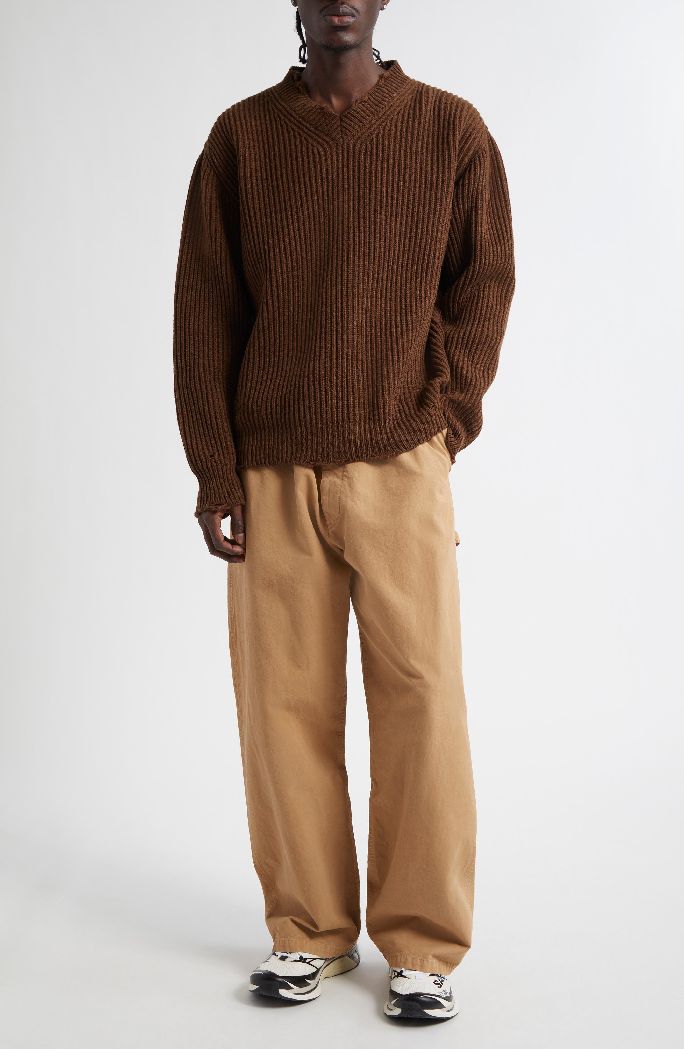 MM6 Maison Margiela Distressed Wool Blend V-Neck Sweater in Brown Melange at Nordstrom - 2