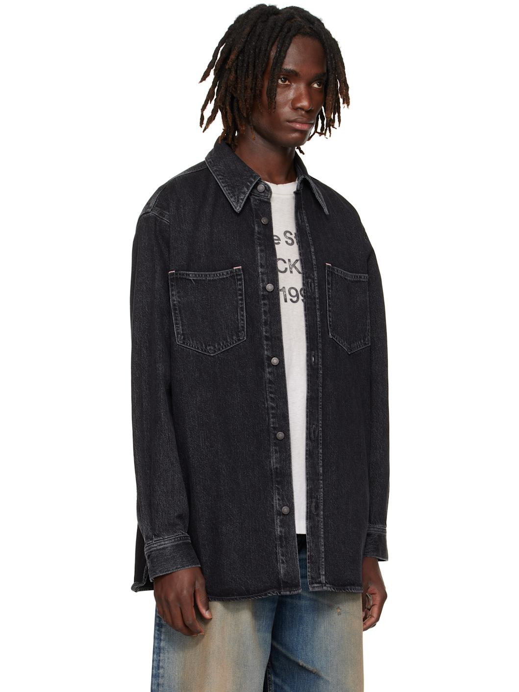 Black Button-Up Denim Shirt - 2