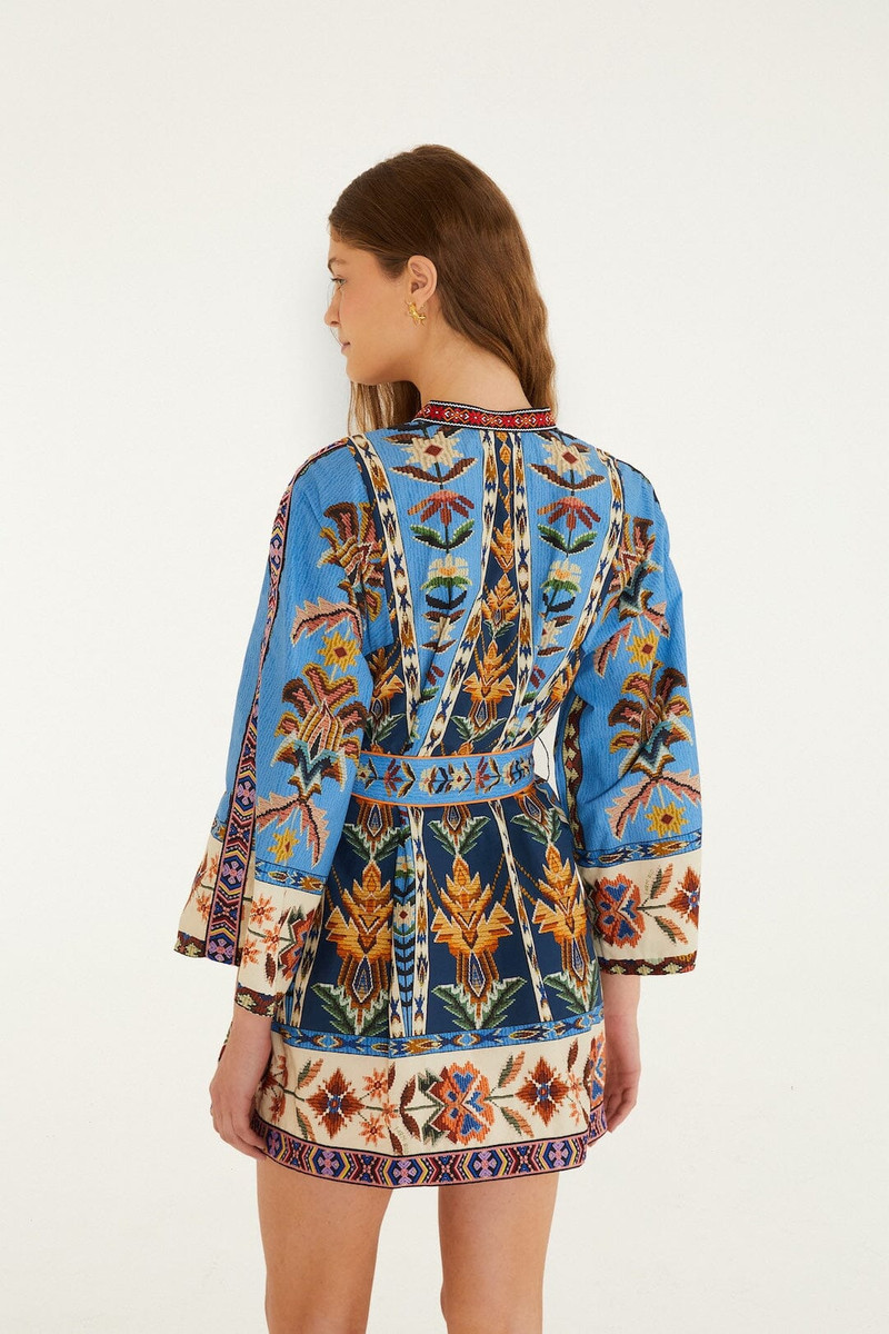 Blue Embroidered Tapestry Organic Cotton Mini Dress 4