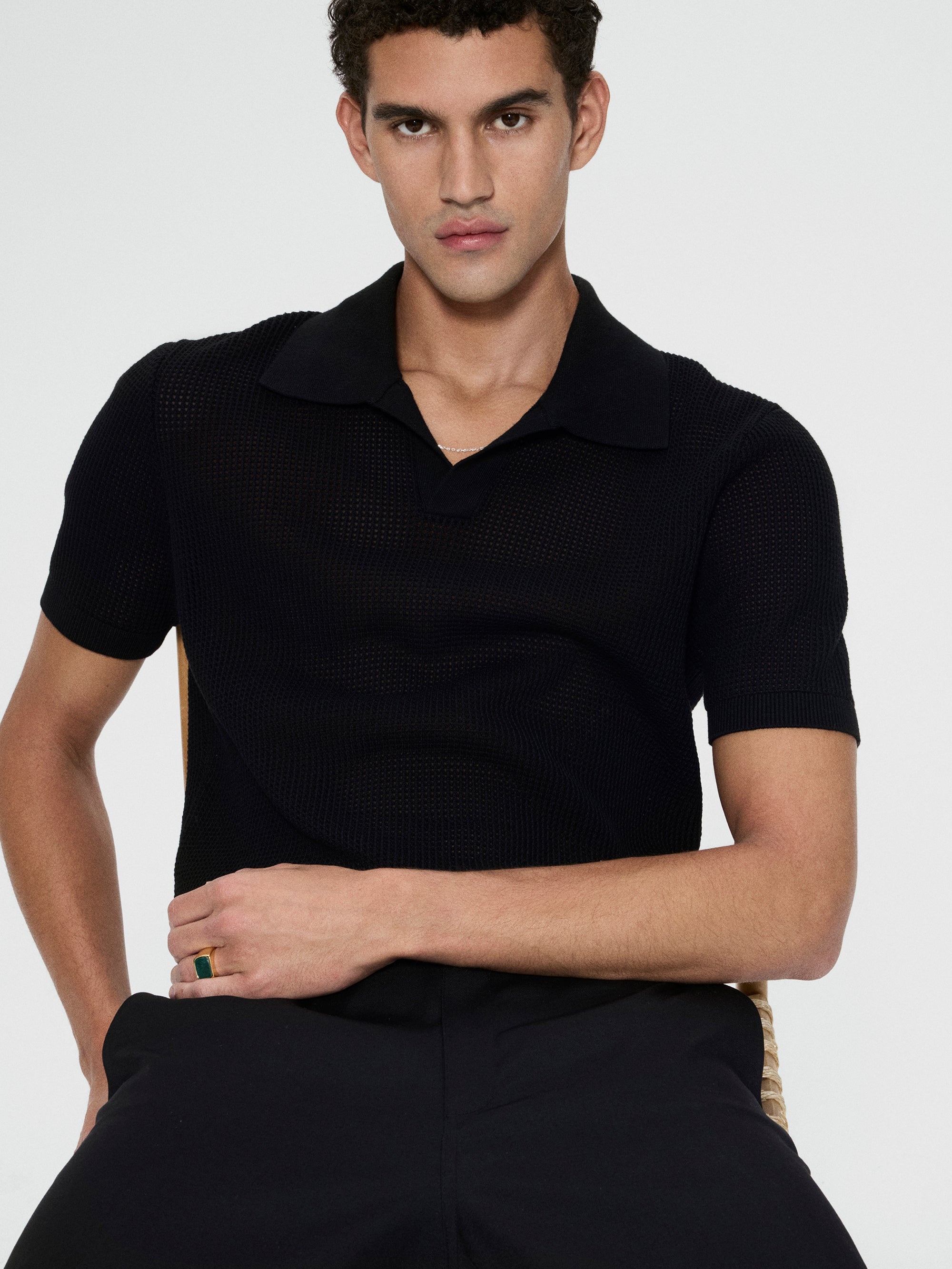 Open Weave Polo Sweater in Black - 2